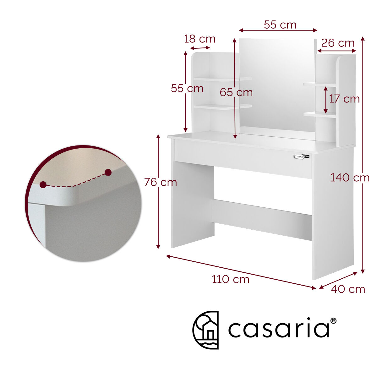 Schminktisch Lucia Weiß 140x110x40cm mit Rollhocker