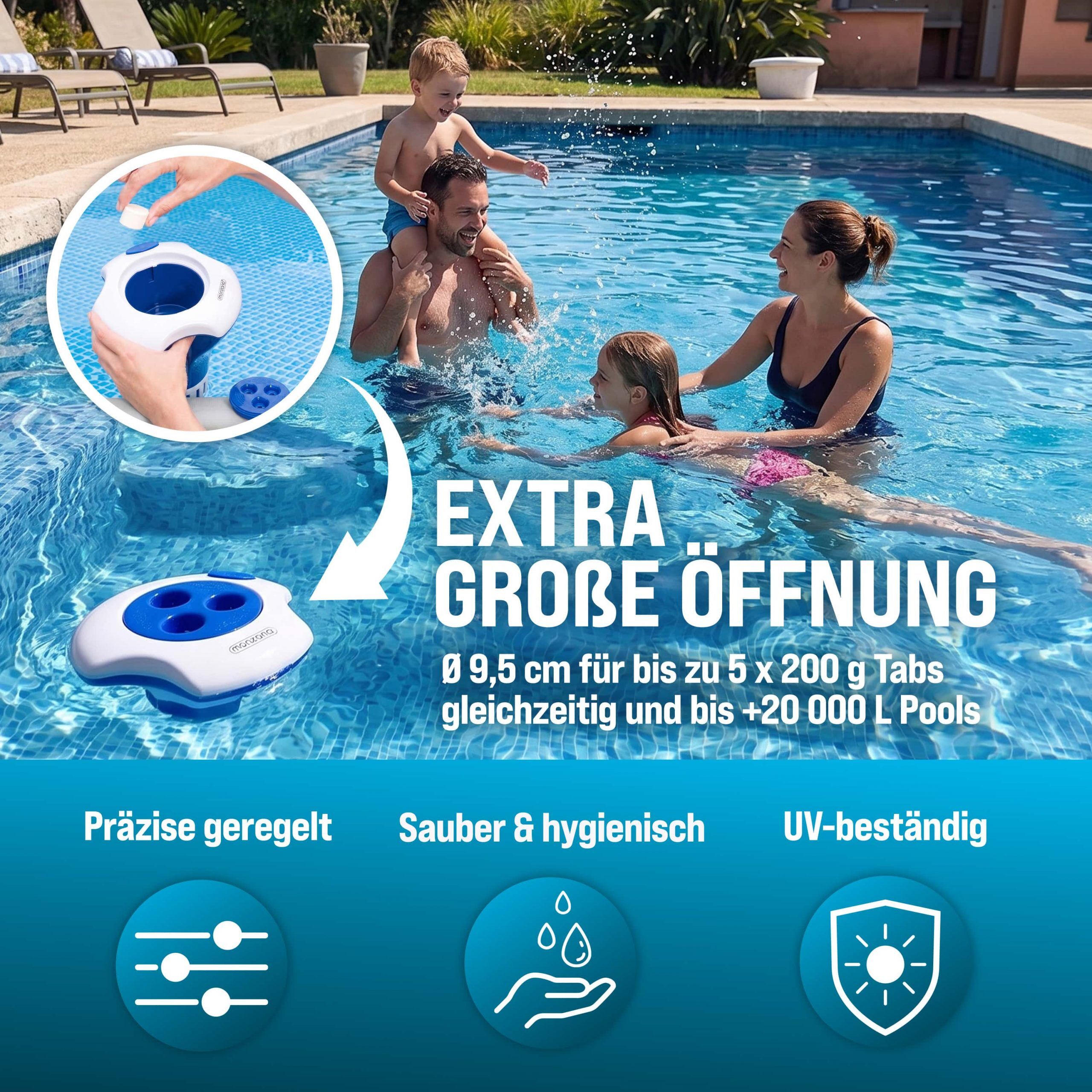 Dosierschwimmer Pool für 20-200g Tabletten inklusive 150 3in1 Teststreifen UV-Resistent Chlor Schwimmer mit Thermometer