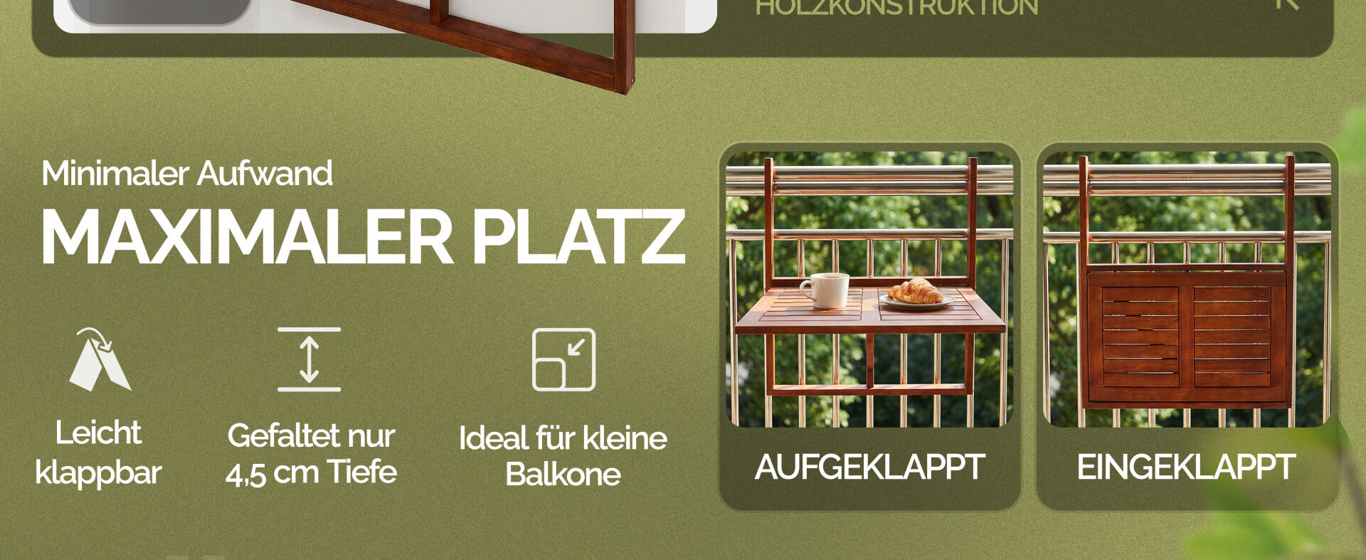 Balkonhängetisch Akazienholz 65x45x87cm FSC®-zertifiziert klappbar