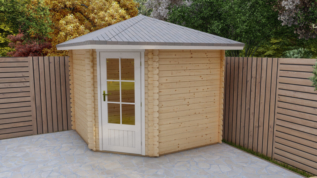 5-Eck Gartenhaus Schweden 42 – 28 mm Blockbohlen mit Einzeltür