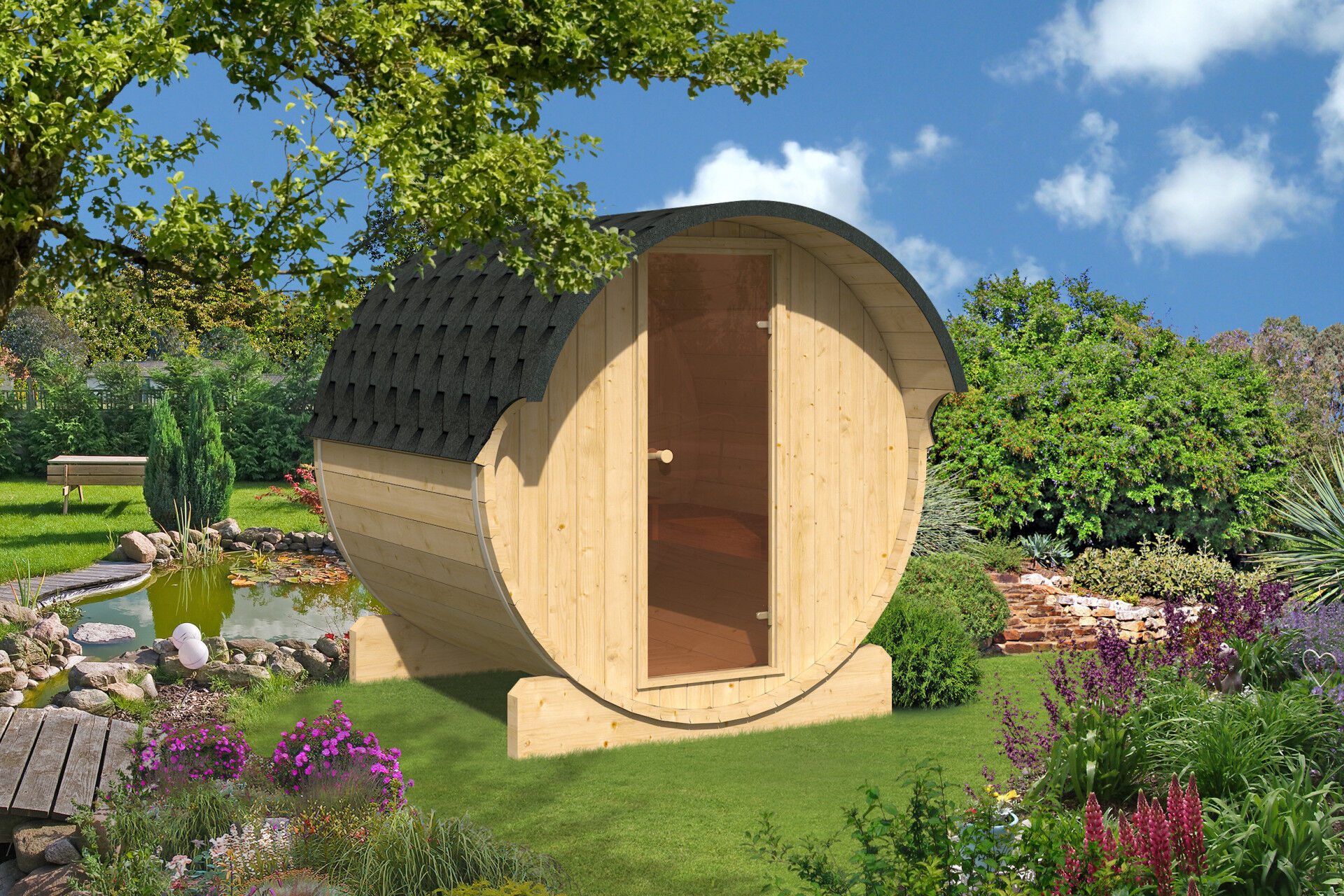Finn Art Fass-Sauna Ove mit Glastür im Garten