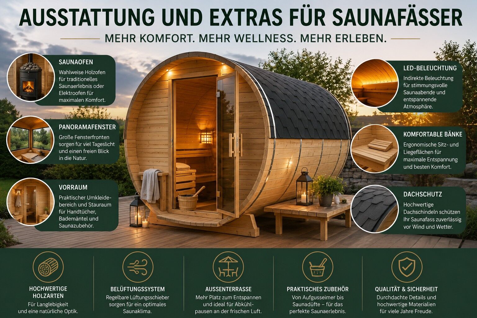 Ausstattung und Extras für Saunafässer