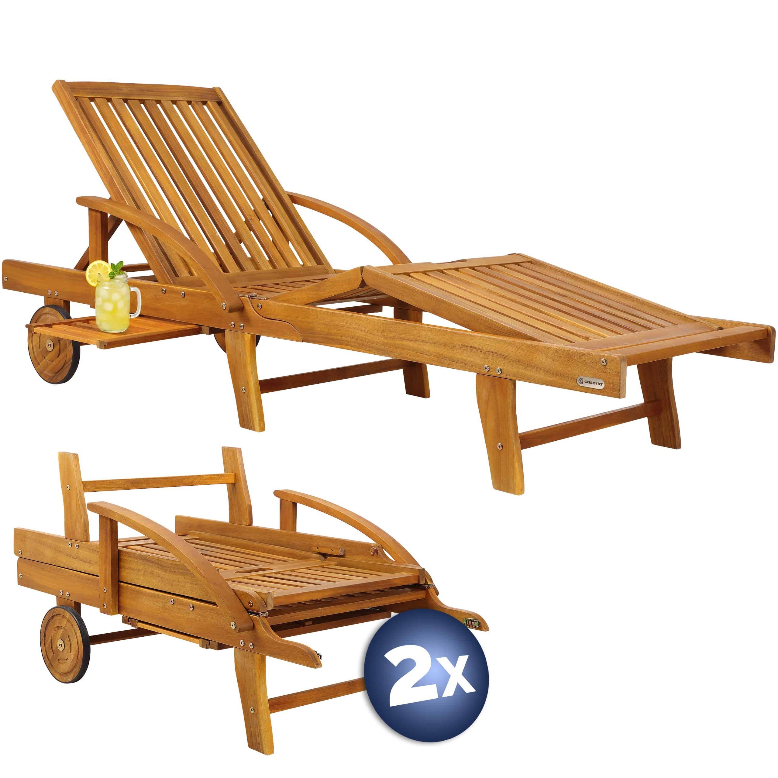 Gartenliege 2er-Set Akazienholz klappbar mit Ausziehtisch und Rollen