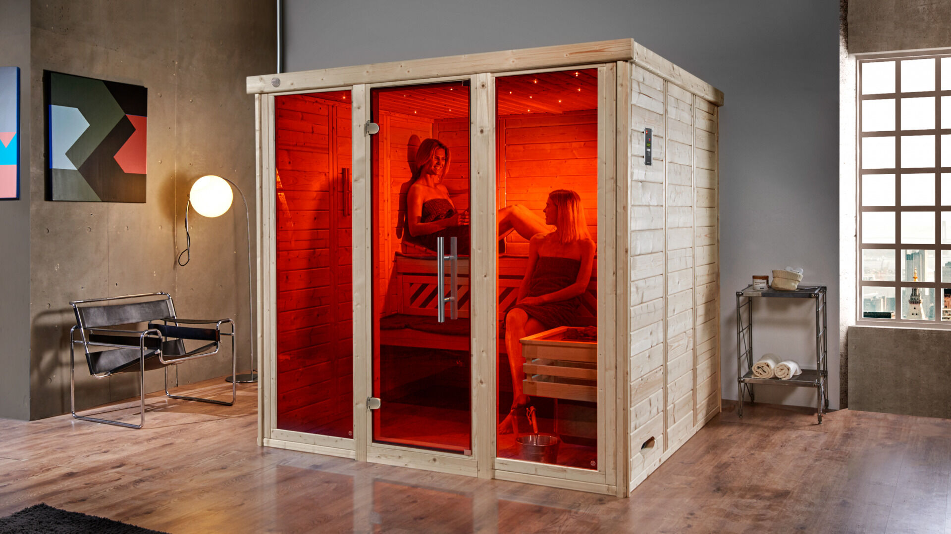 weka Design-Sauna KEMI PANORAMA 3 inkl. 7,5 kW OS-Ofenset