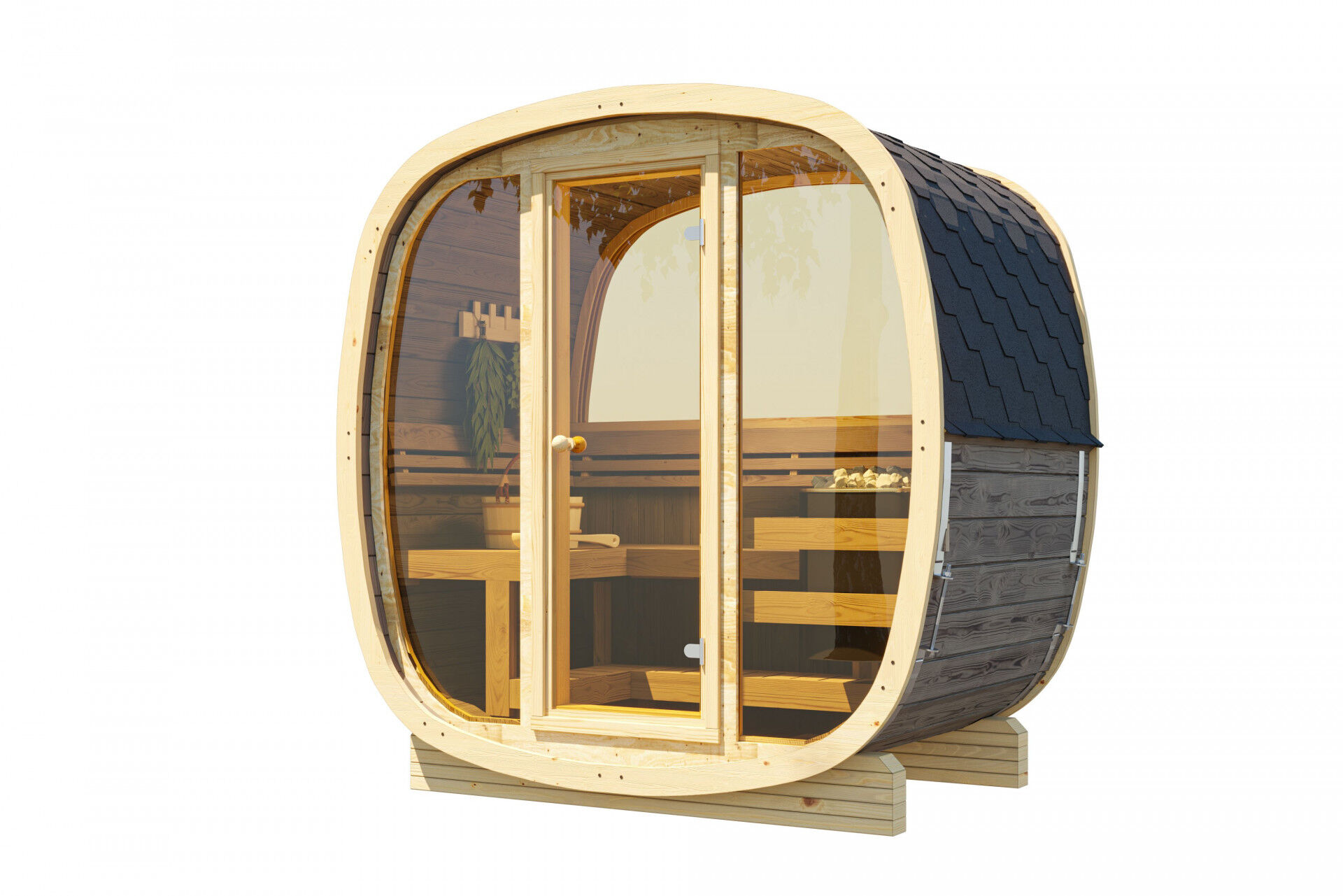Finn Art Fasssauna Quadro 130 aus Thermoholz mit Vollglas-Front und Halbglas Rückwand, freigestellt