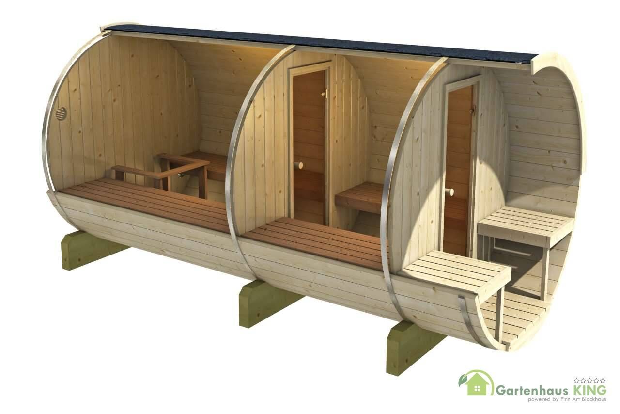 Finn Art Fass-Sauna Jori Innenansicht, Ofenumrandung, Bänke links und rechst, Vorraum, Glastüren, Terrasse