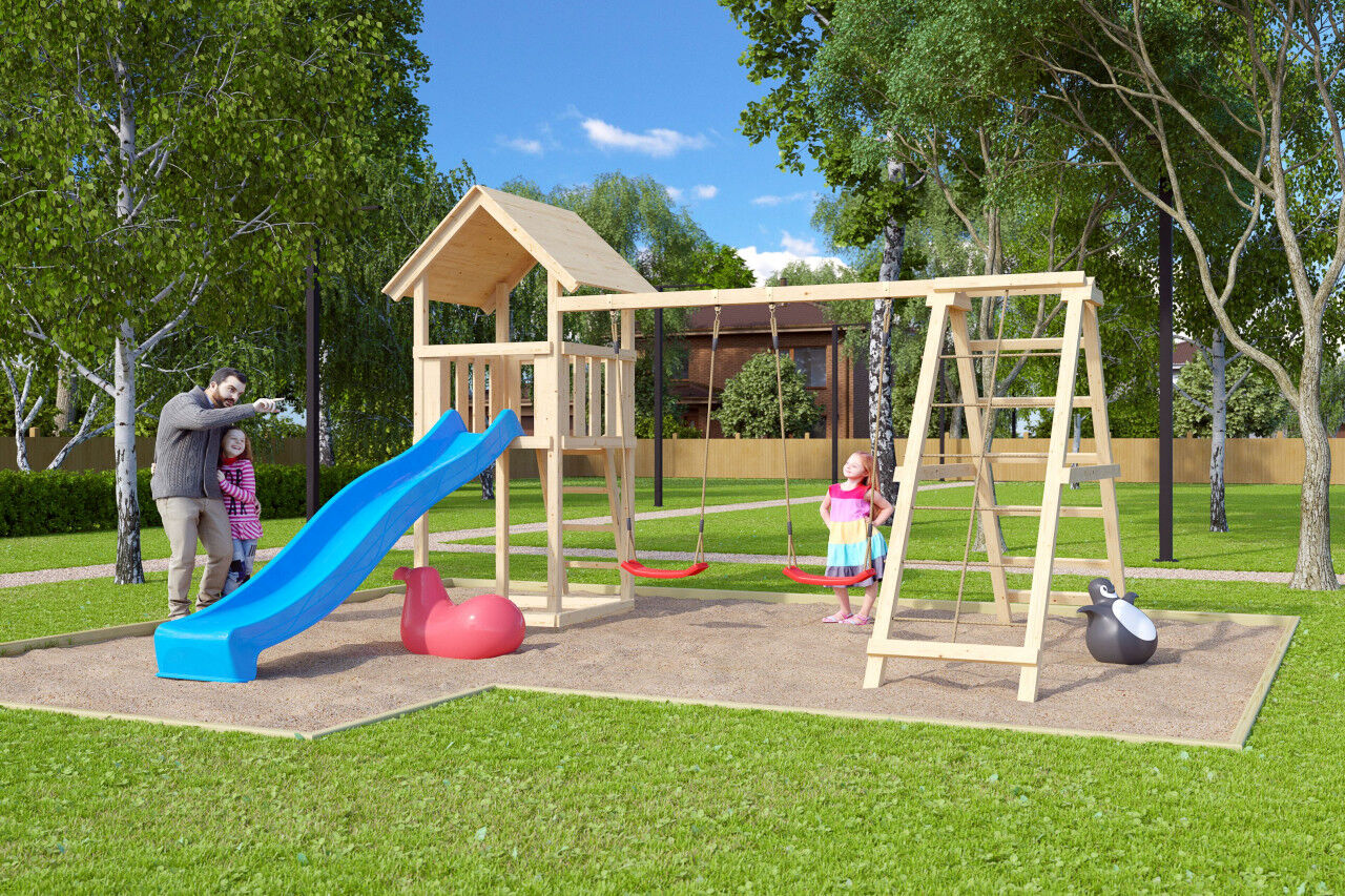 Kinderspielturm Lotti Satteldach SET natur mit Doppelschaukelanbau Klettergerüst und Rutsche blau