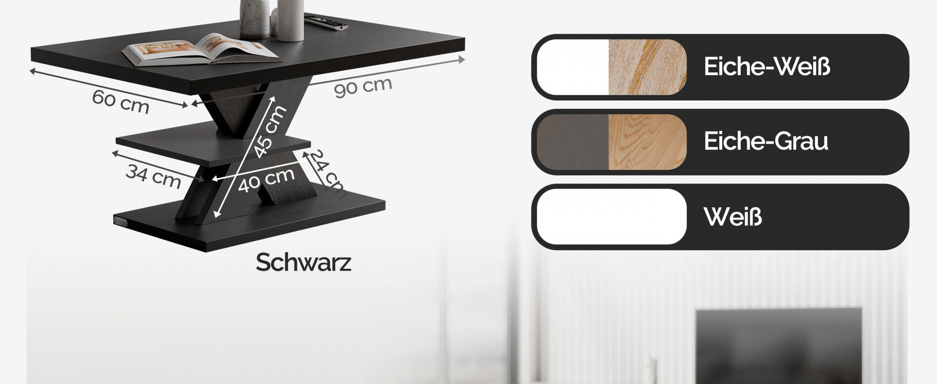 Couchtisch Detroit Schwarz 90x60x45cm