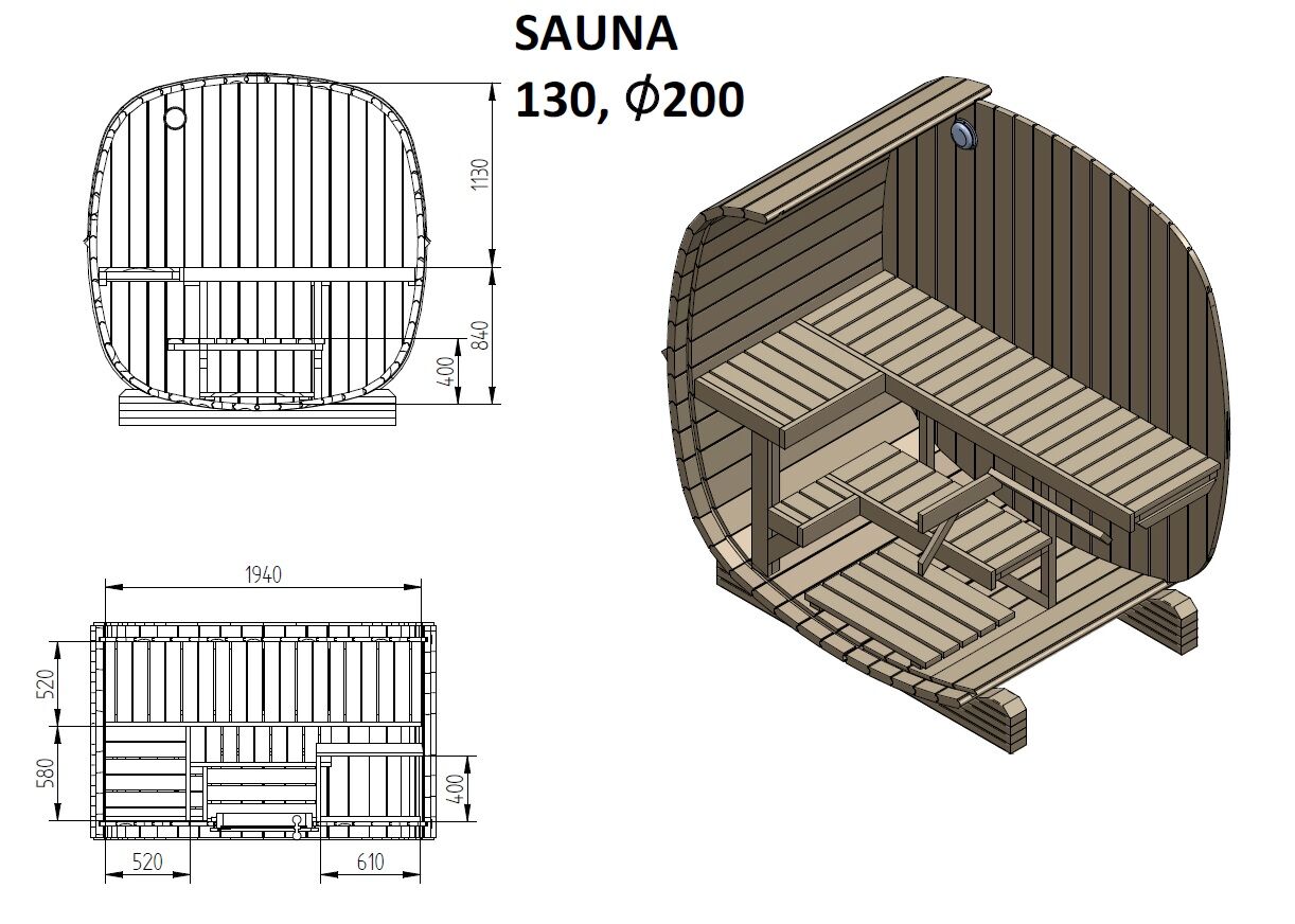 Zeichnung Finn Art Fasssauna Quadro 130 Standard