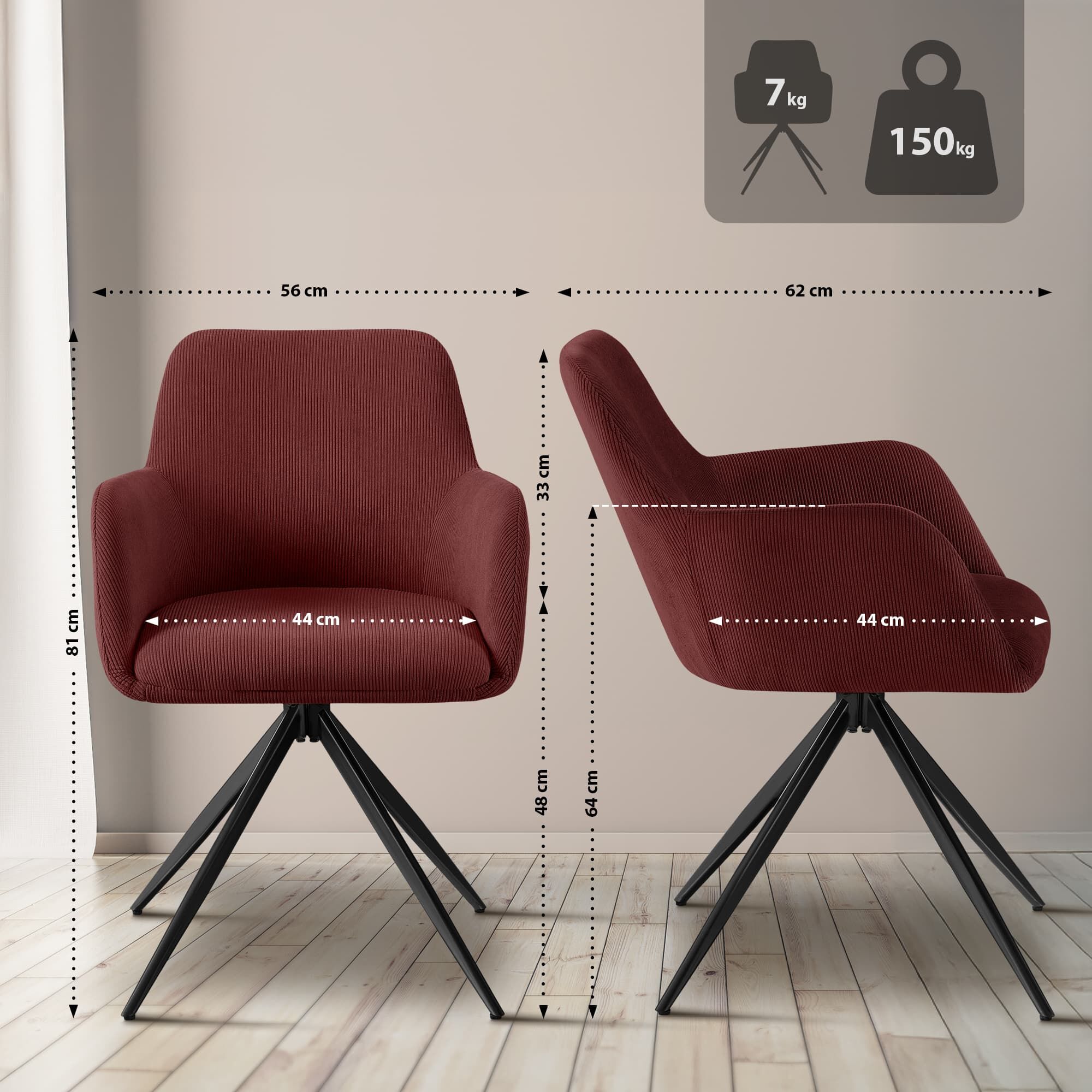 Esszimmerstuhl Olema Cord, bordeauxrot