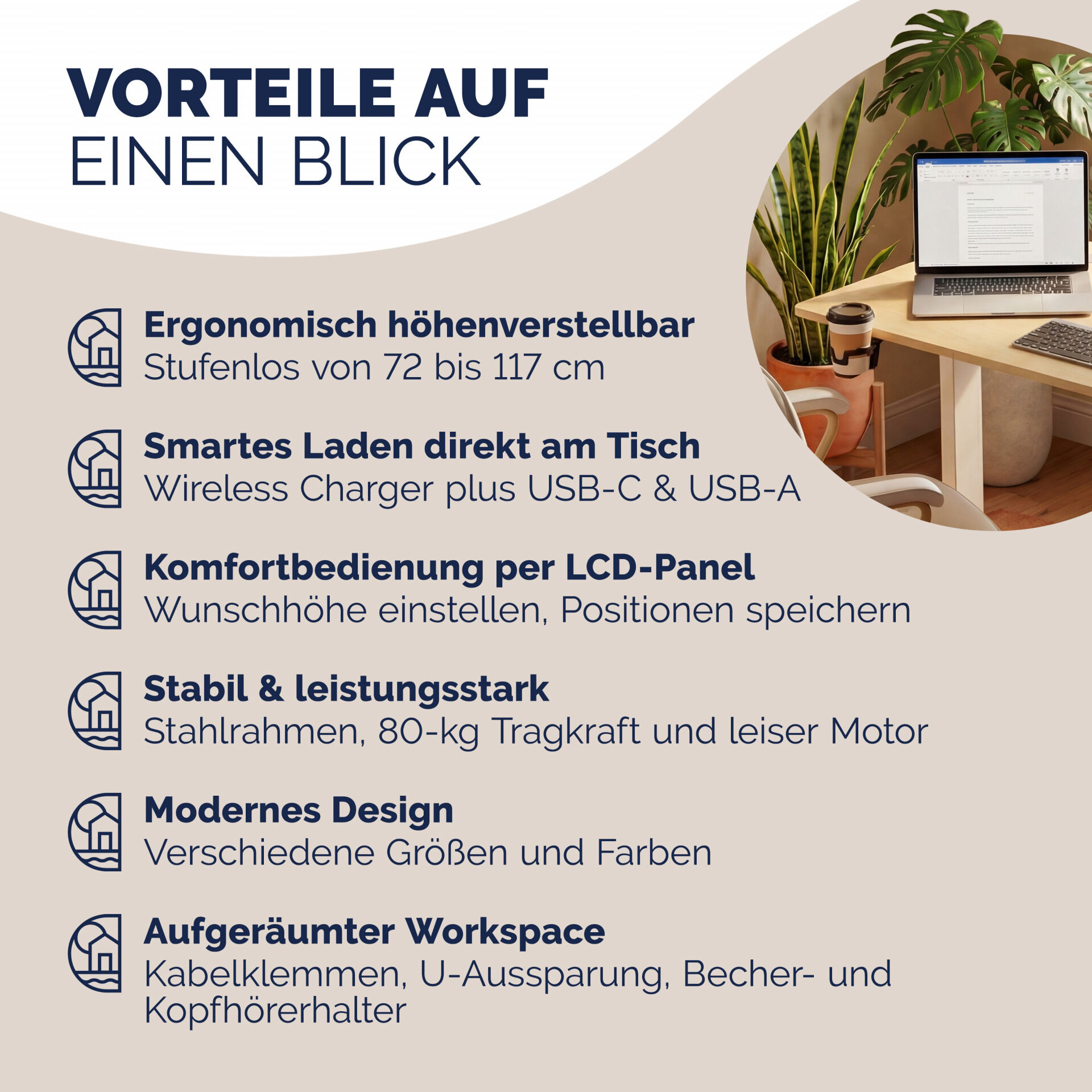 Höhenverstellbarer Schreibtisch Beige 160x75x72-117cm
