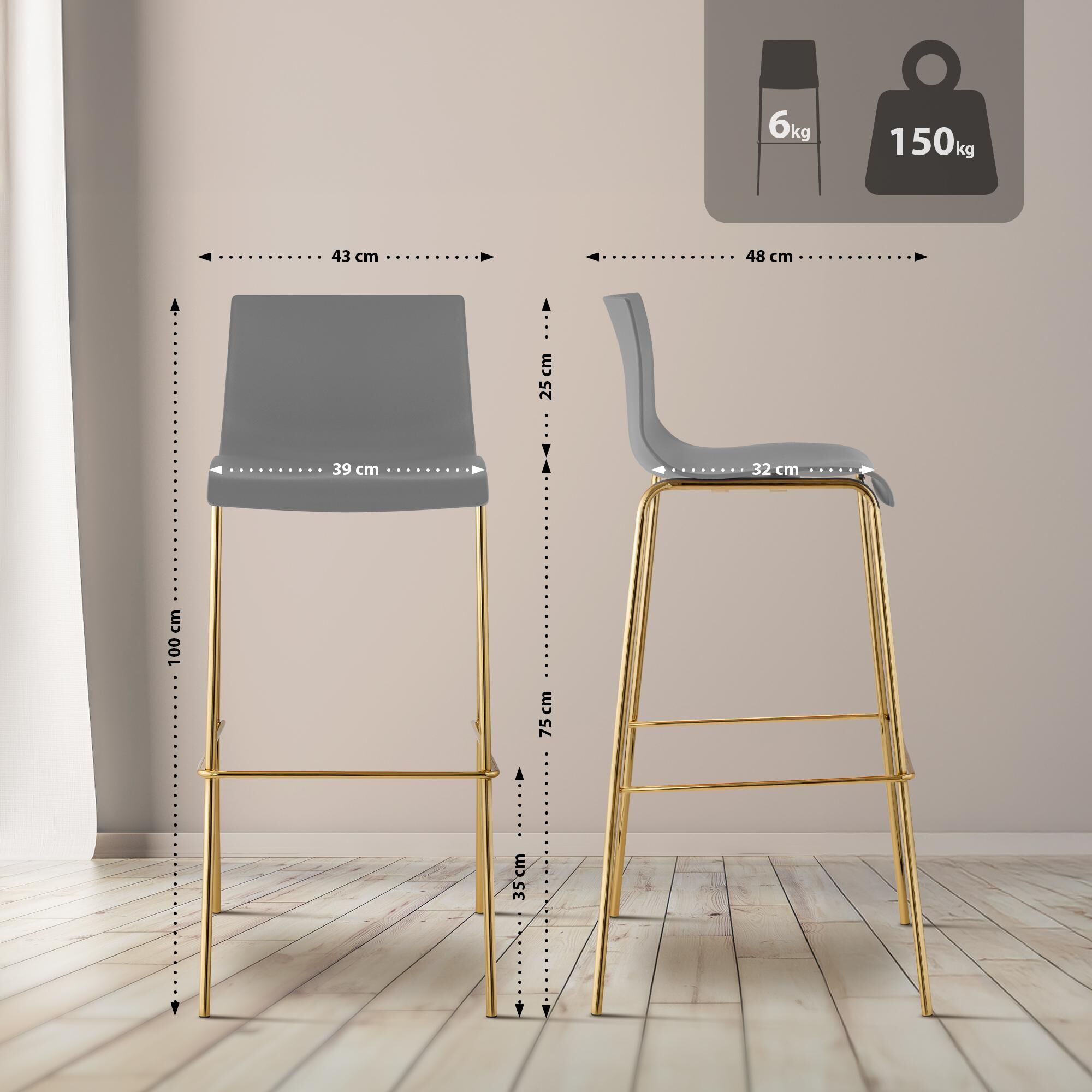 2er Set Barhocker Hoover Kunststoff 4-Fuß Gold, grau