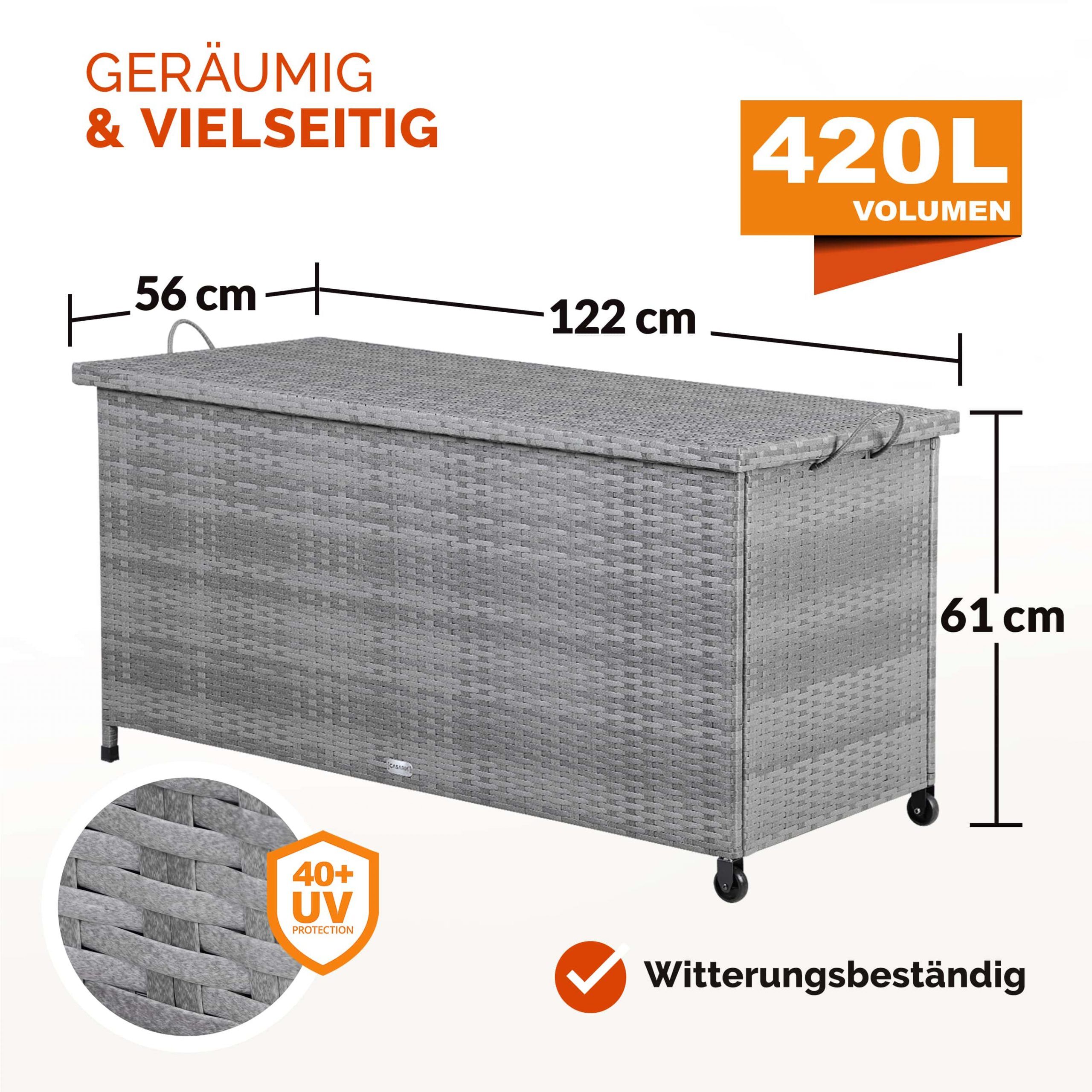 Gartenbox Polyrattan Grau 117x53x60cm mit Griffen + Rollen