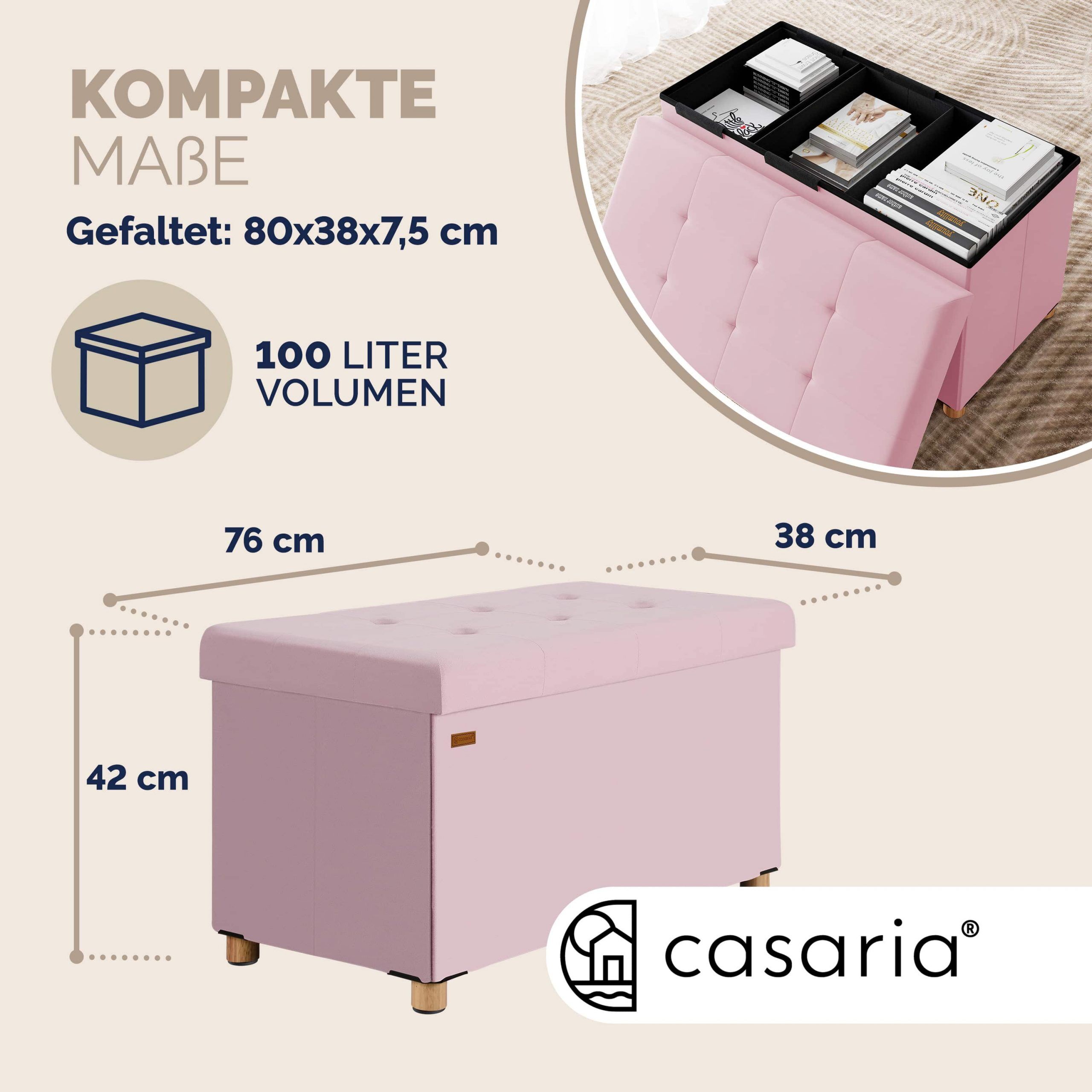 Sitzbank Rosa Samt 76x38x42cm mit Stauraum faltbar