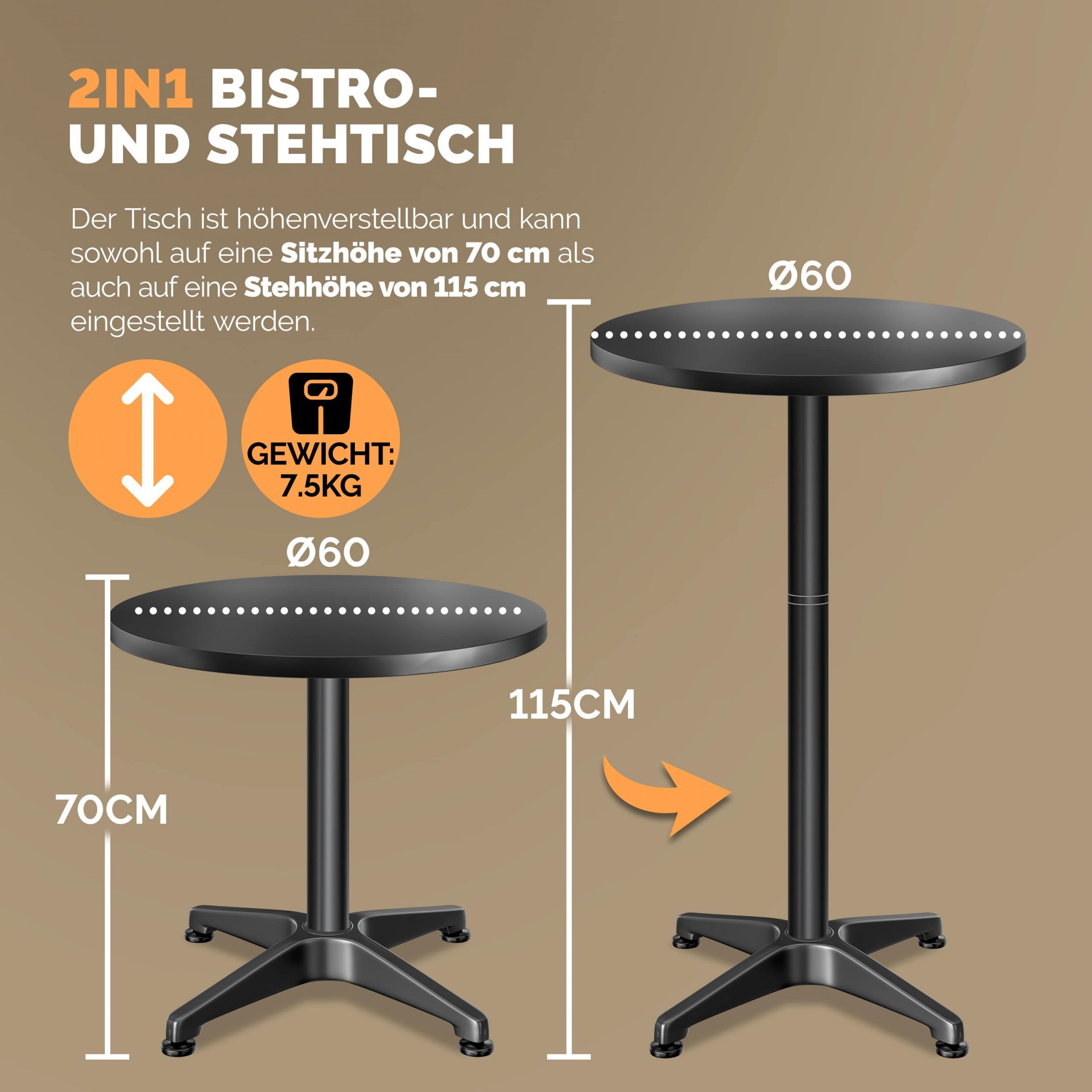 Stehtisch 2er-Set Ø60cm höhenverstellbar 70/115cm klappbar Alu Schwarz