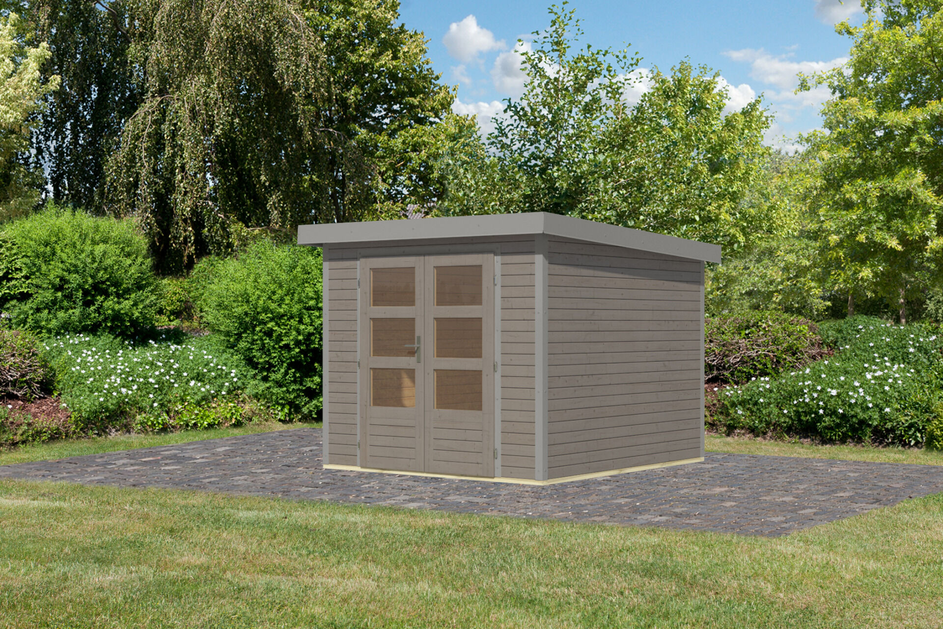 Karibu Pultdach Holz & Metall Gartenhaus Jupiter 3,5, naturbelassen / graualuminium