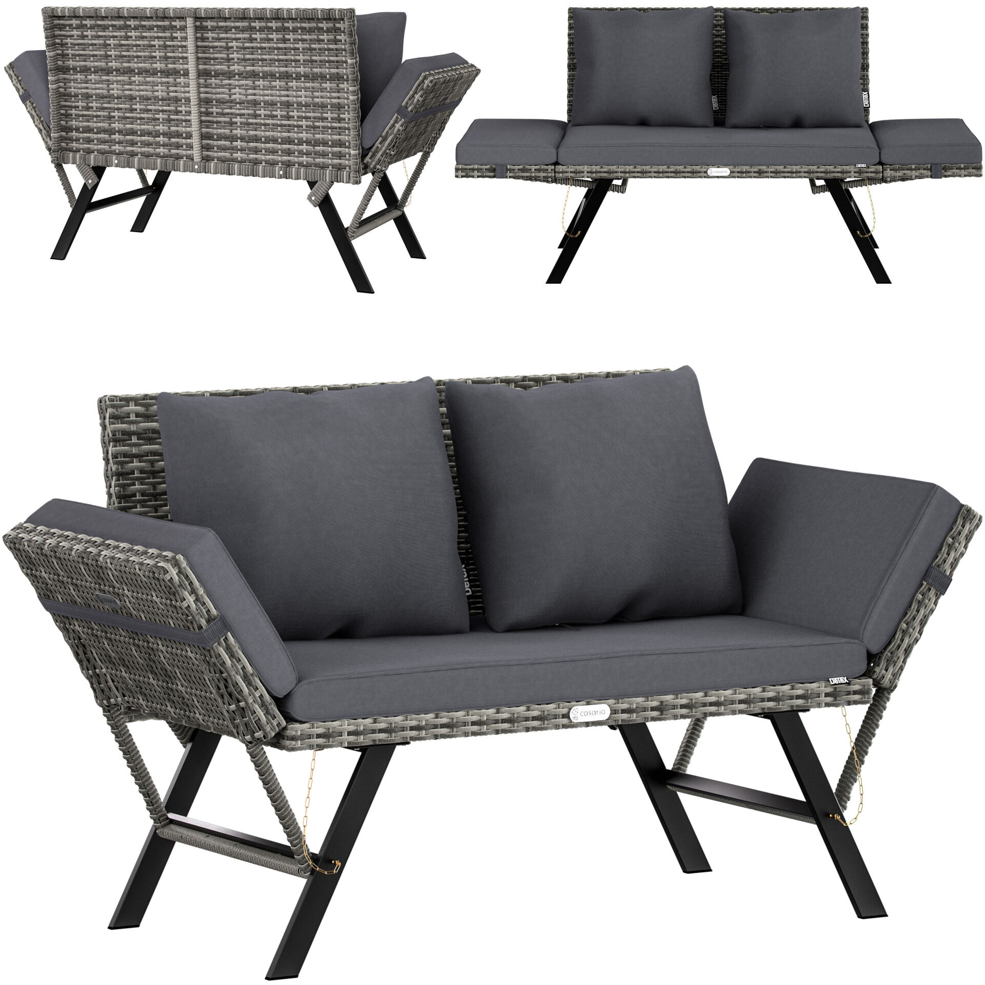 Gartenbank 2in1 Sonnenliege Polyrattan Grau mit 5-7cm Auflage 3 Sitzer