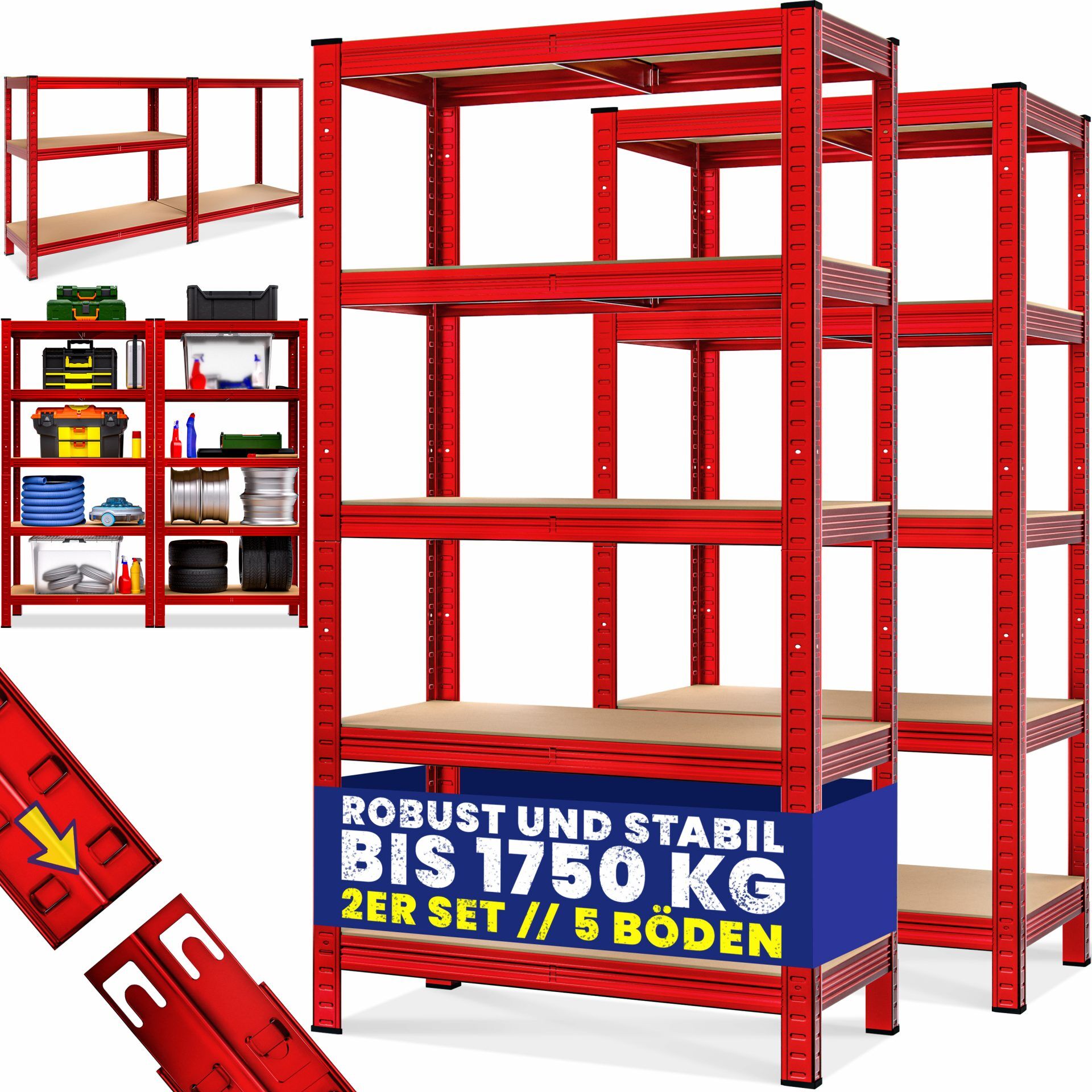 Schwerlastregal 2er-Set Rot 180x90x40cm pulverbeschichtet je 875kg