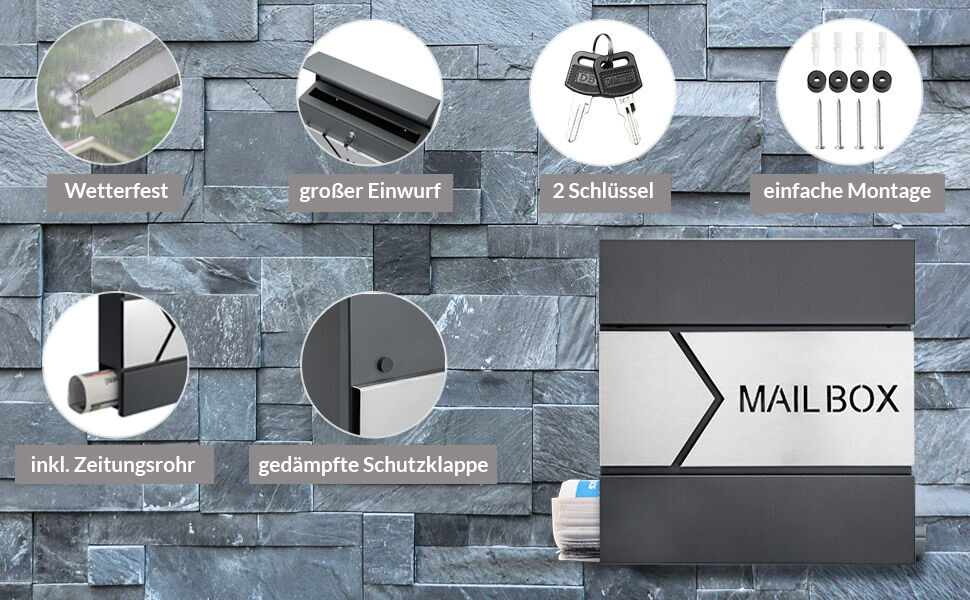 Briefkasten Design Anthrazit Edelstahl Zeitungsfach 37x11x36,5 cm