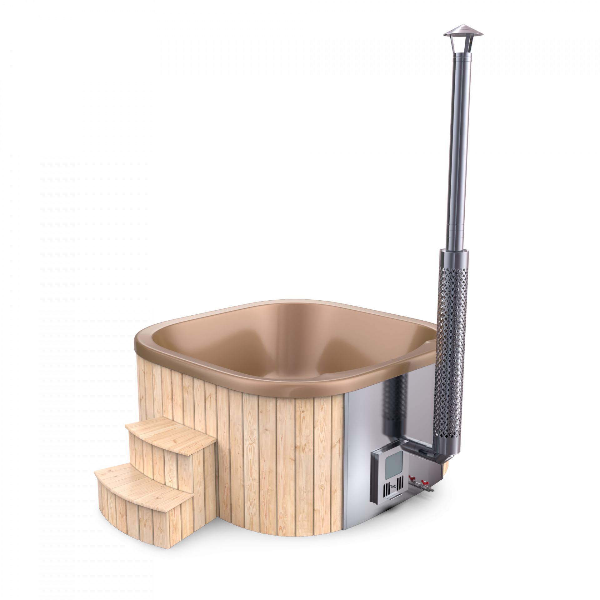 SPANOVA Hot Tub Premium 200 Quadratisch – Fichte Badefass mit integriertem Holzofen & Acrylwanne, Gold, V2A Edelstahlofen