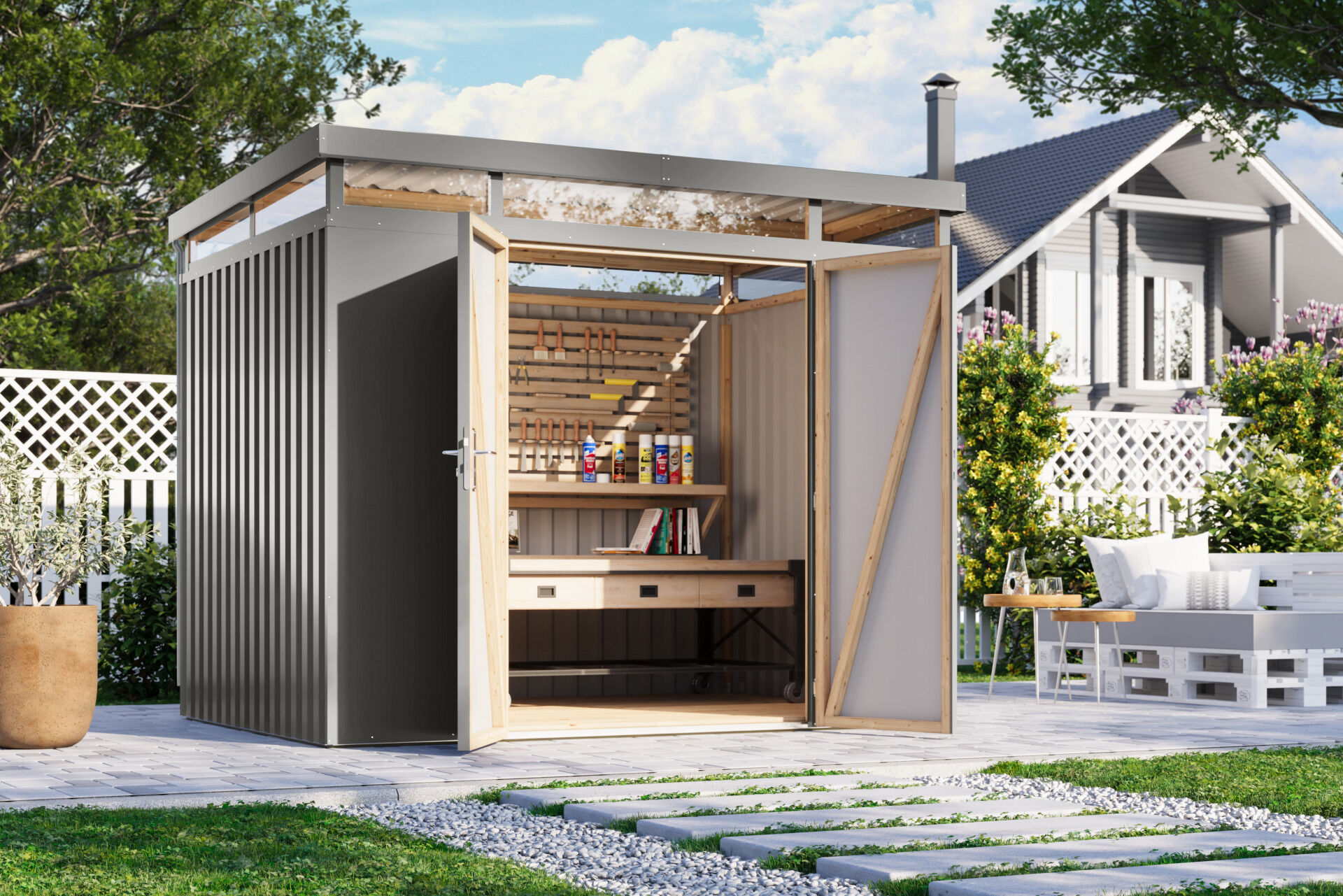 Karibu Flachdach Metall Gartenhaus Aurum 3