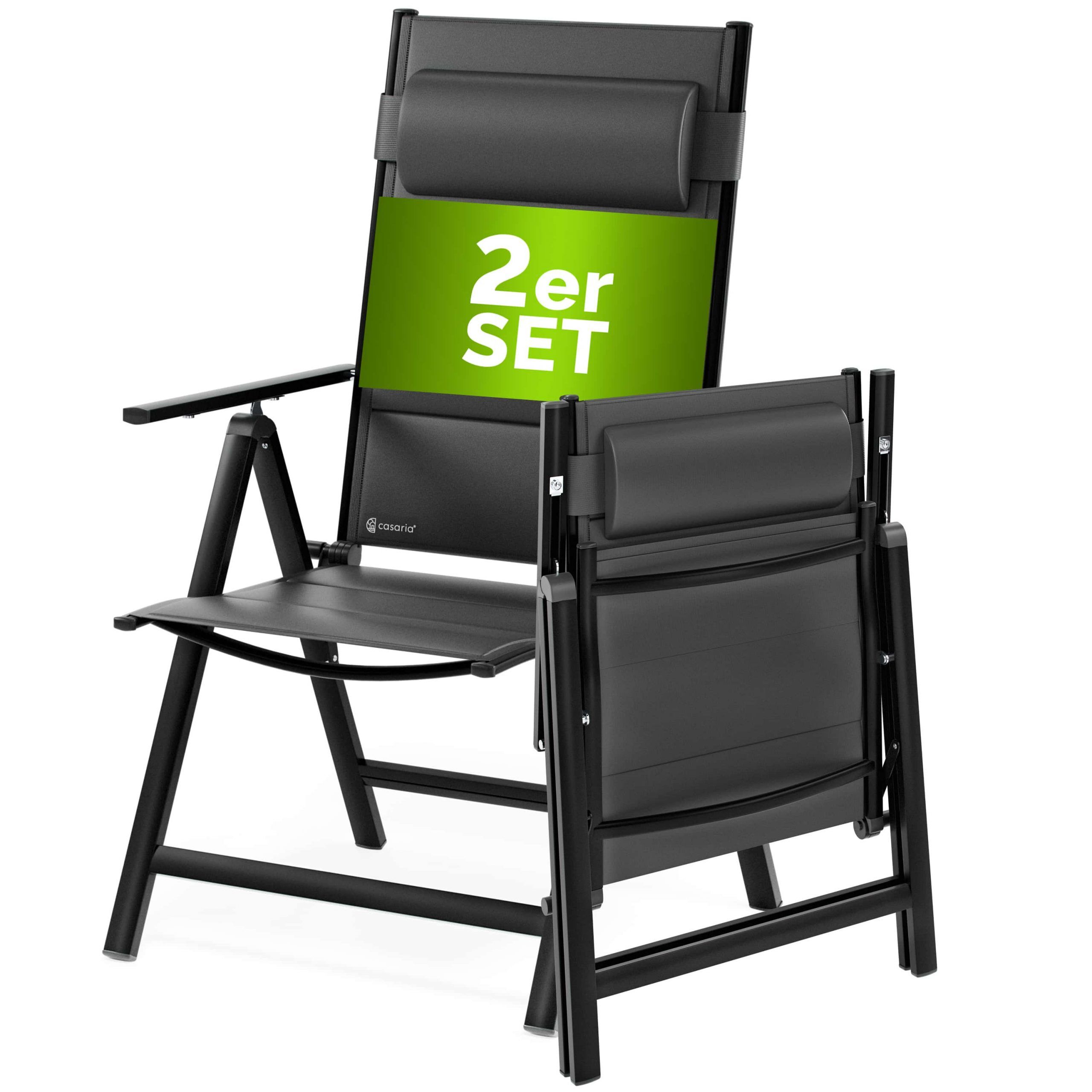 Gartenstühle 2er-Set Schwarz klappbar gepolstert Alu verstellbar 120kg Belastbarkeit wetterfest
