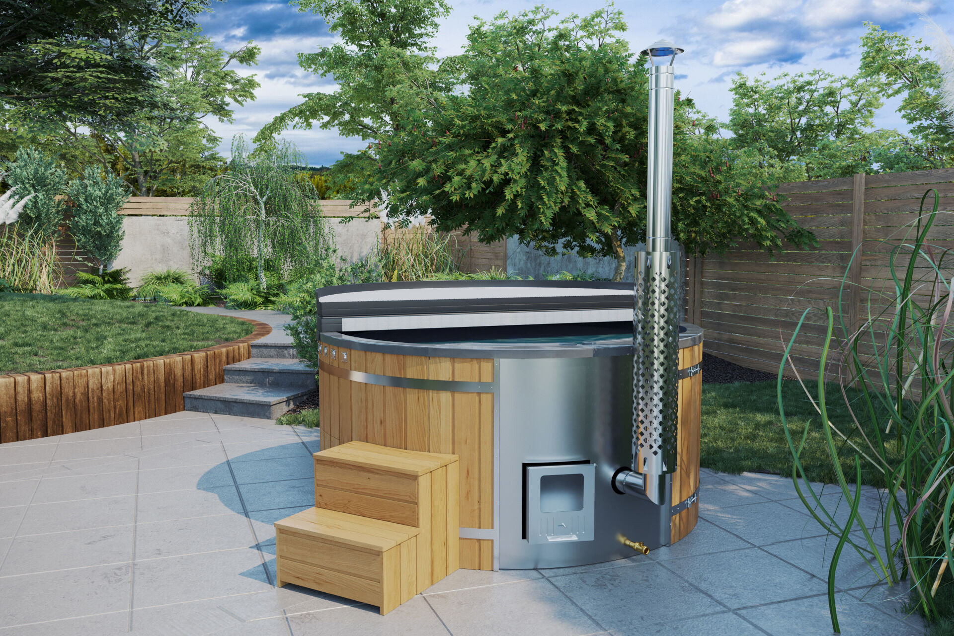 Badefass Prestige rund Thermoholz mit grauem Einsatz, Iso-Deckel, integriertem Holzofen und Treppe auf Terrasse