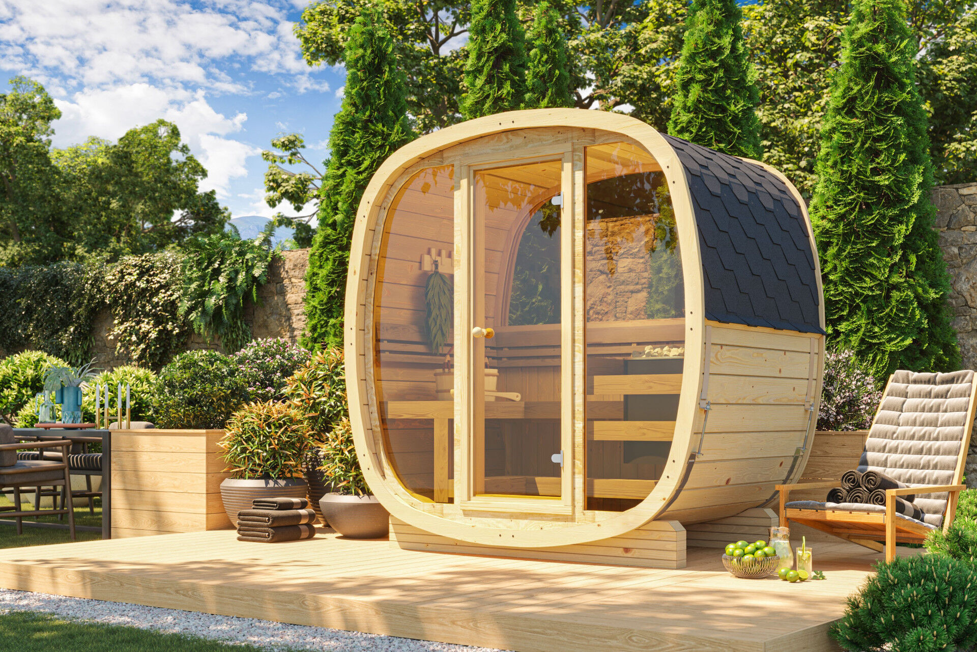 Finn Art Fasssauna Quadro 130 mit Vollglas-Front und Halbglas-Rückwand auf Terrasse