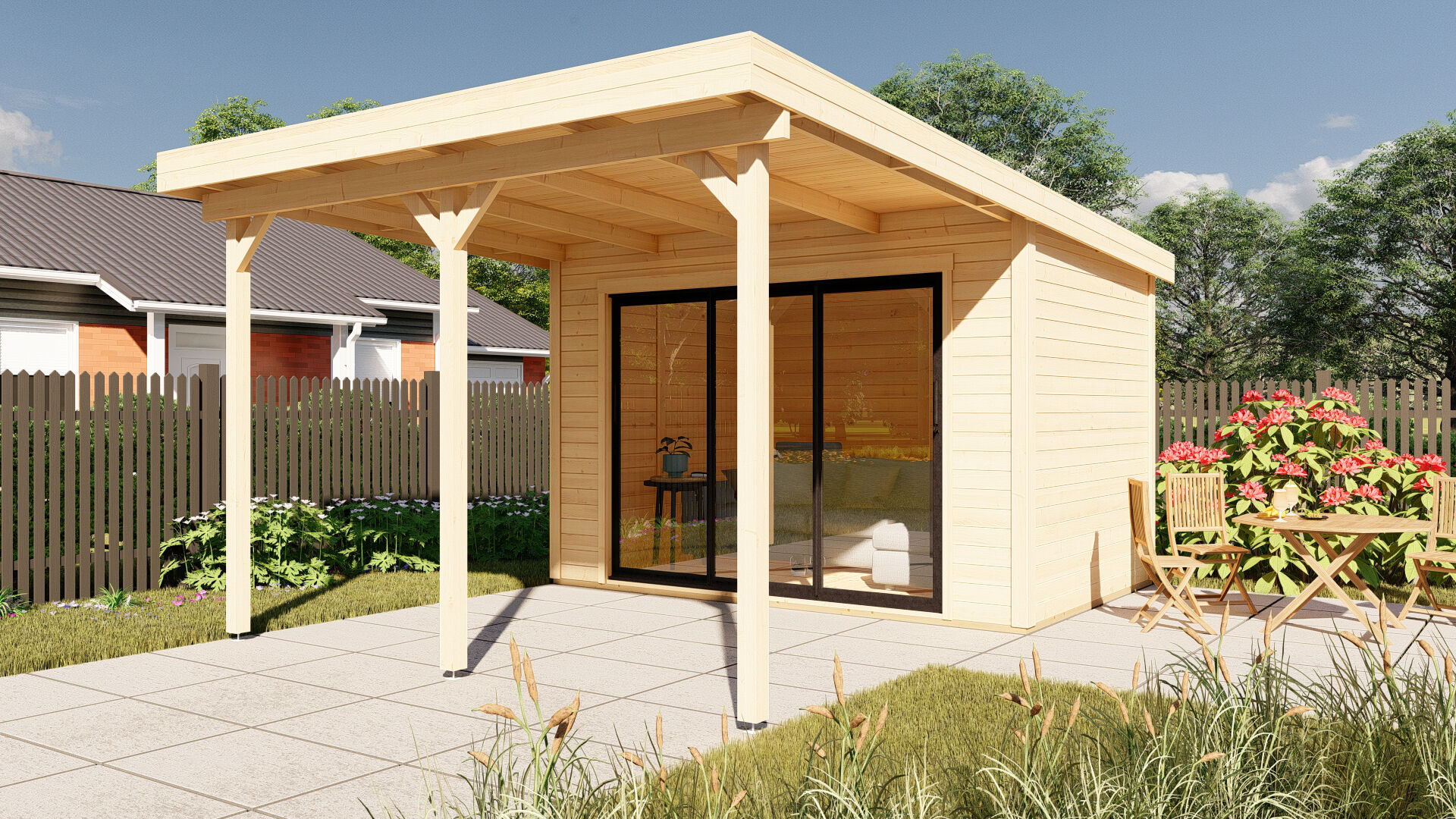 28 mm Flachdach Holz Gartenhaus Sydney 56 mit Schiebetür und Vordach