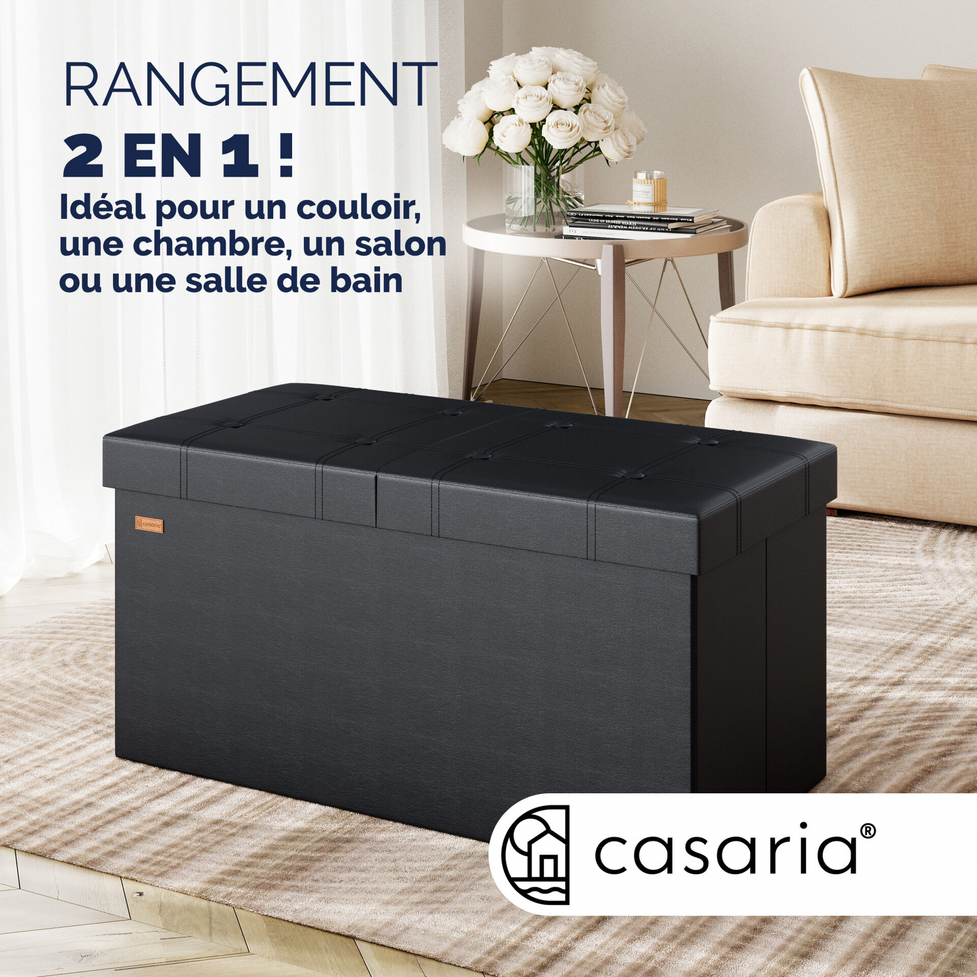 Sitzbank Schwarz 80x40x40cm mit Stauraum faltbar