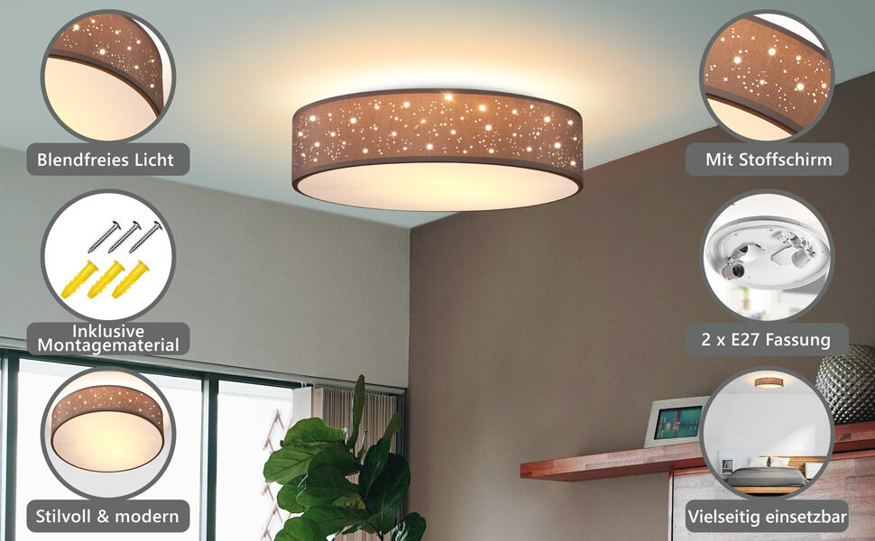 Deckenlampe Taupe Stoff Ø38cm Sternenhimmel