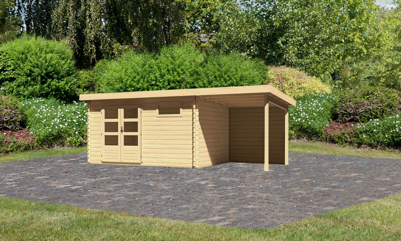 Pultdach Gartenhaus Bastrup 8 im Set mit Anbaudach 2 m breit, 28 mm Rückwand natur