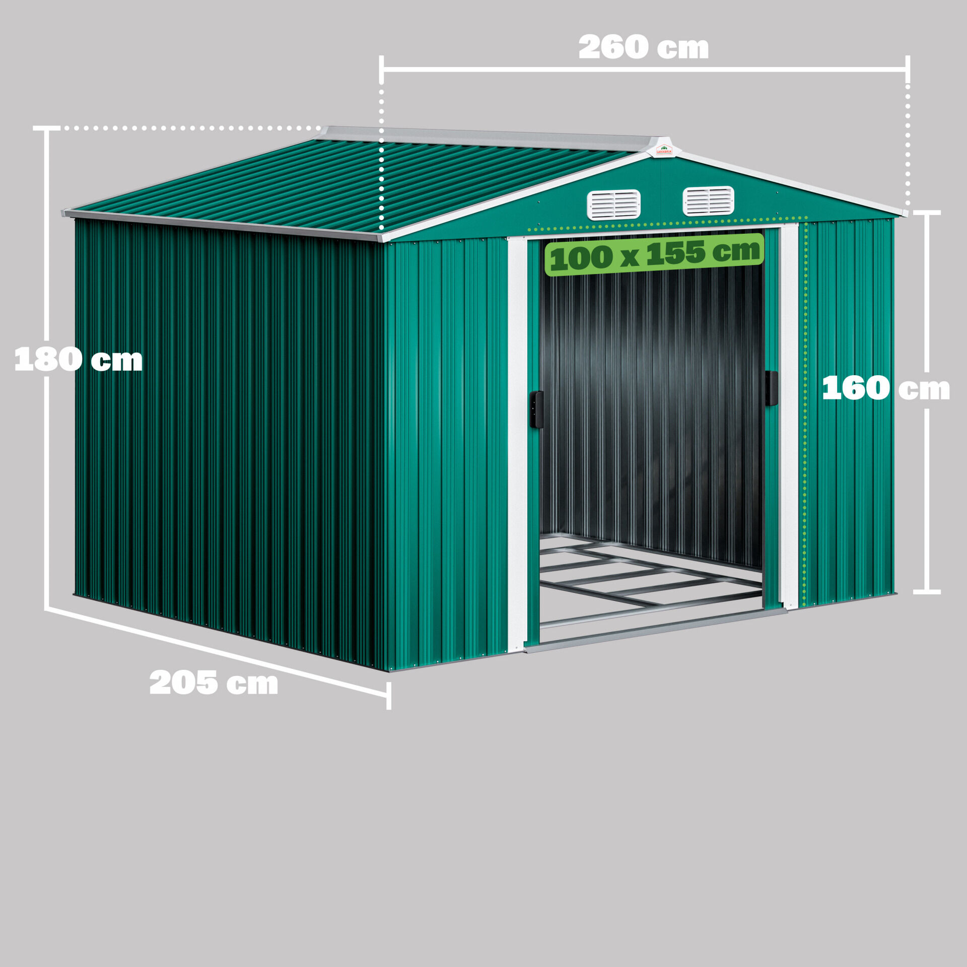 Geräteschuppen Grün 260x205x180cm 5m² verzinkter Bodenkranz Schiebetür