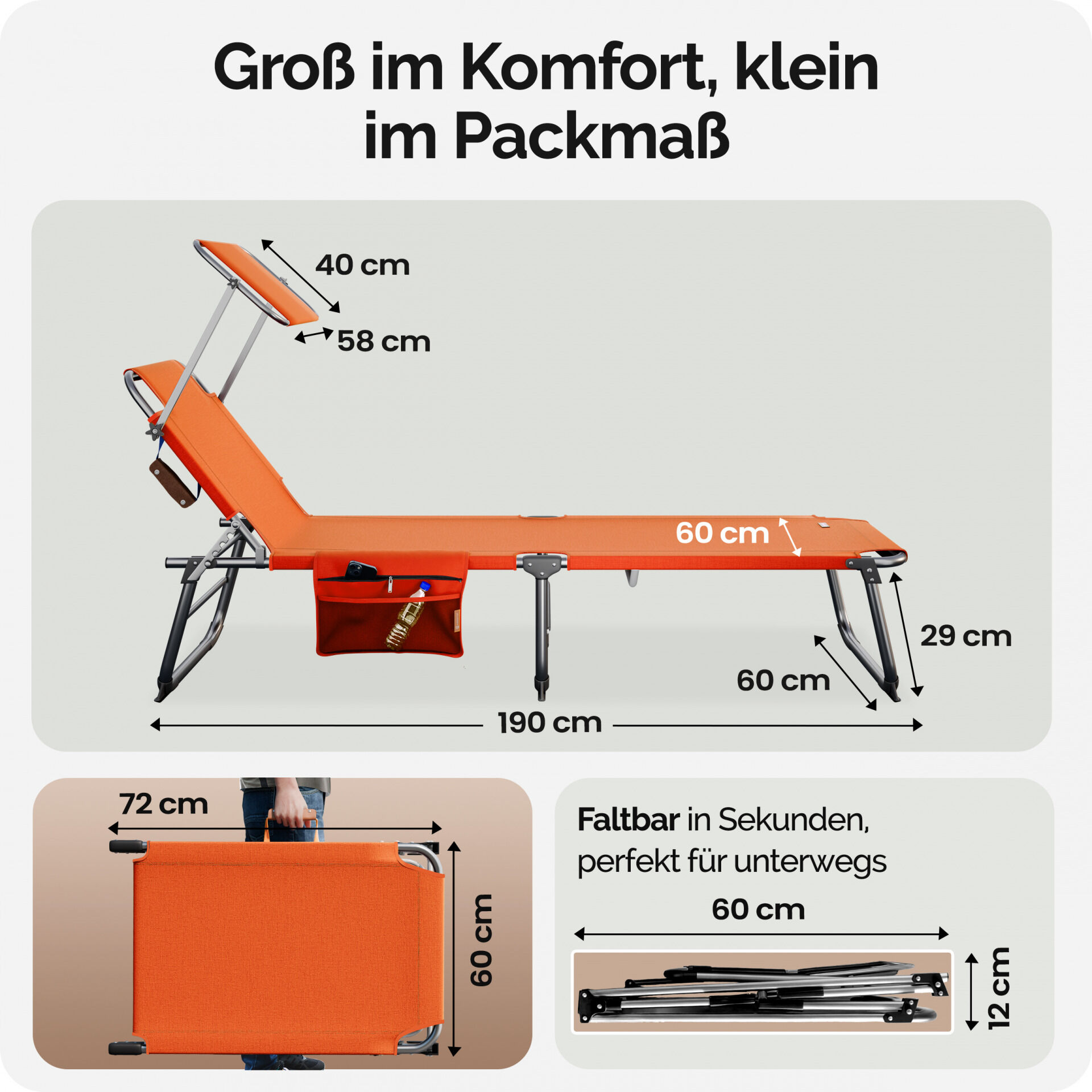 Gartenliege Ibiza Orange 190x59x29cm Alu Sonnendach