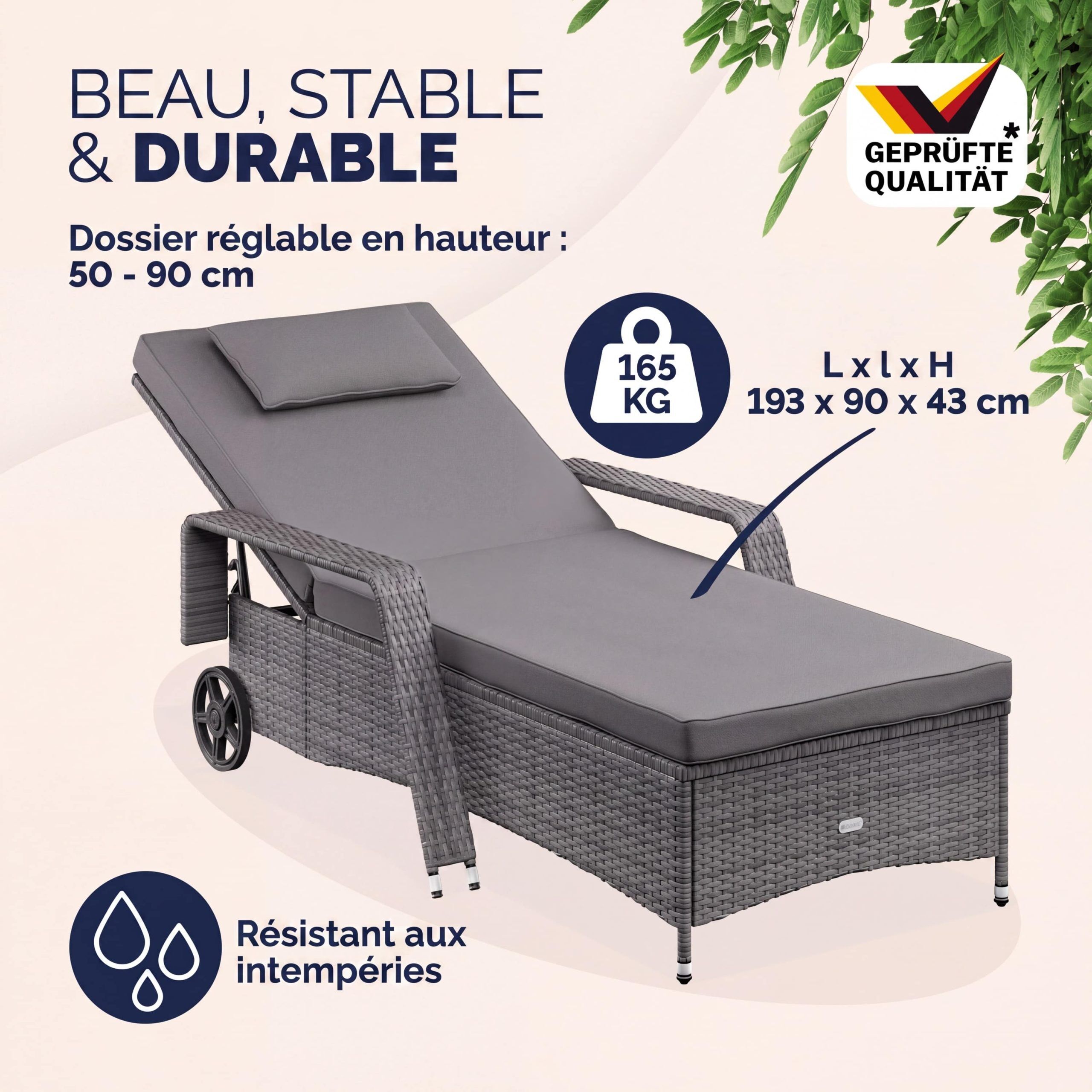 Polyrattan Gartenliege Grau/Anthrazit 193x90x43cm
