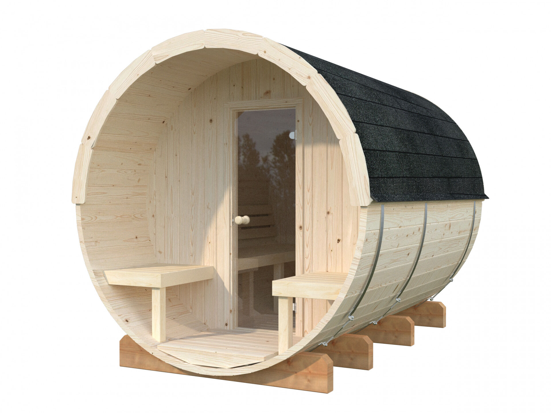 Palmako Saunafass Anita 1,6+0,7 m² mit 2 Außenbänken, naturbelassen, freigestellt