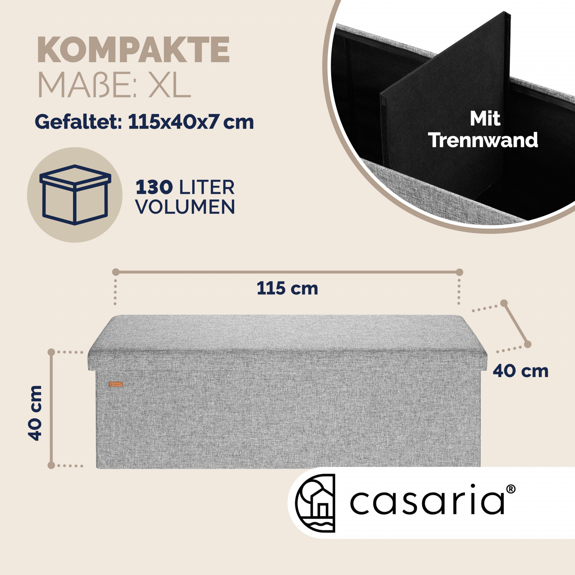 Sitzbank Grau 115x38x38cm mit Stauraum faltbar