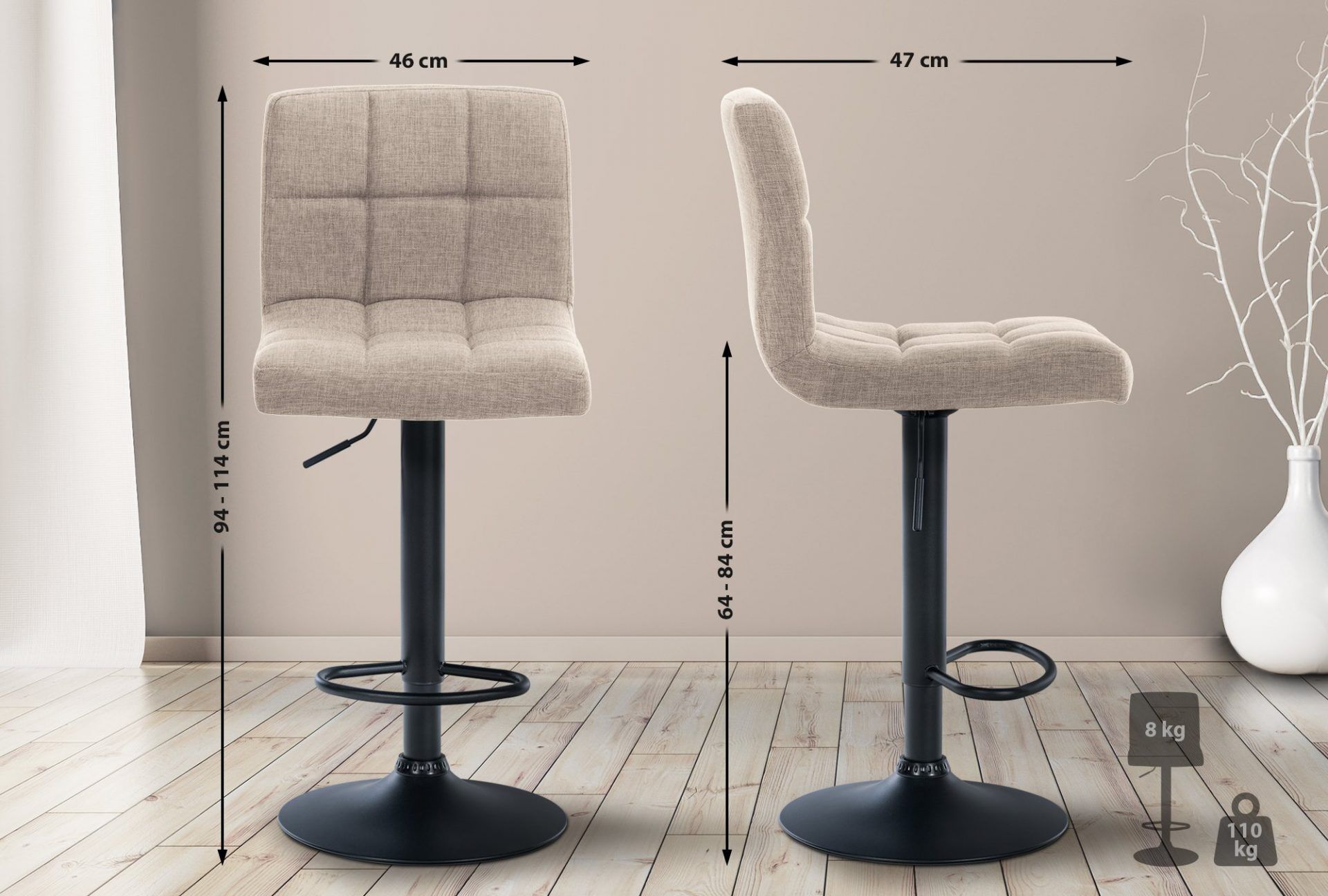 2er Set Barhocker Calma Stoff schwarz, creme