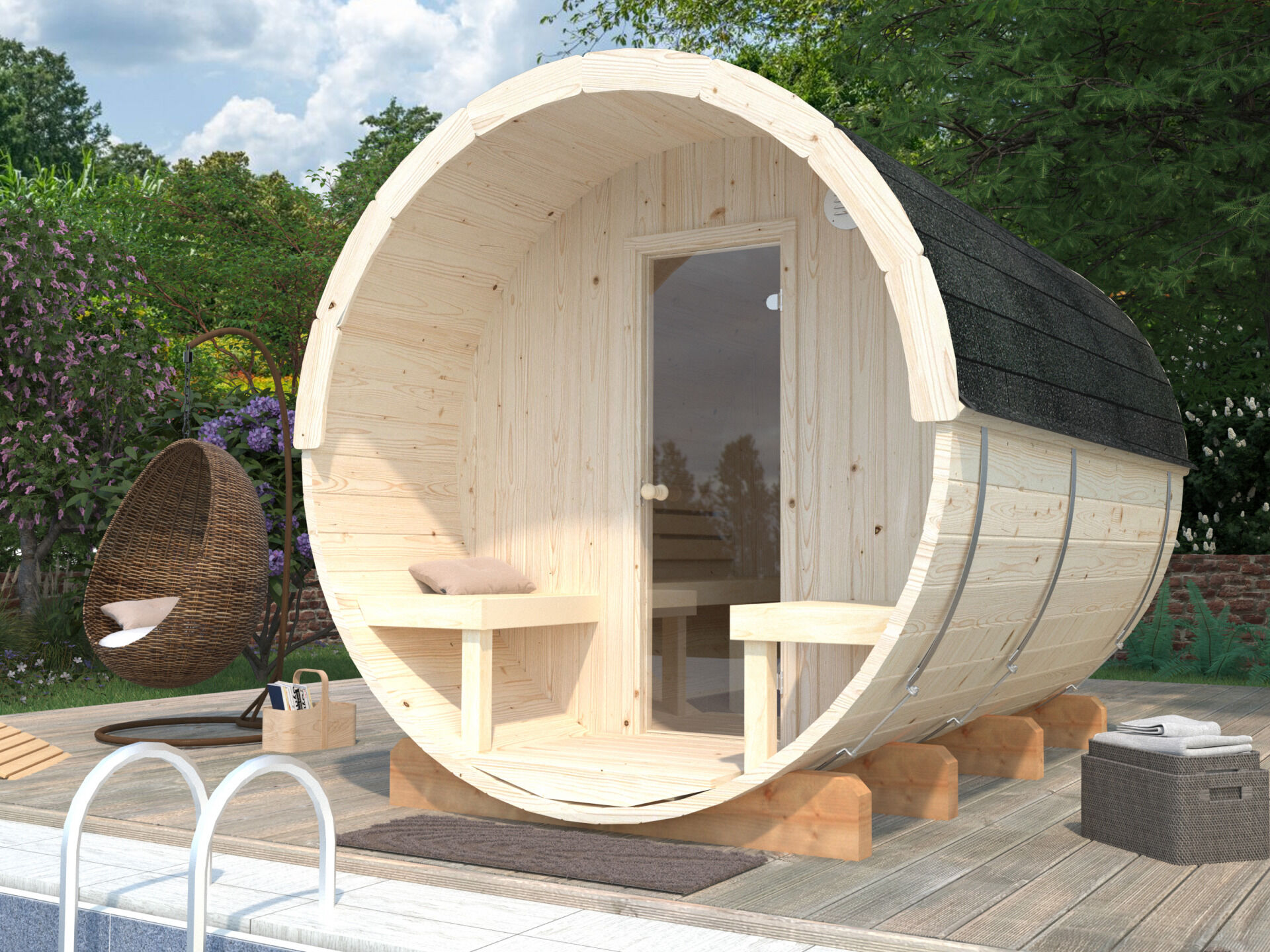 Palmako Saunafass Anita 1,6+0,7 m² mit 2 Außenbänken im Garten vor Pool