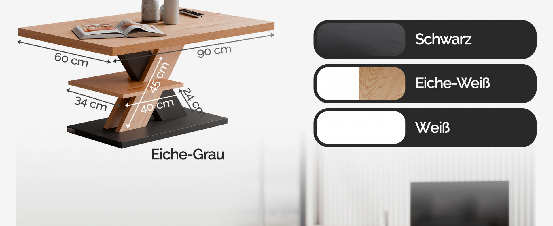 Couchtisch Detroit Holz/Grau 90x60x45cm