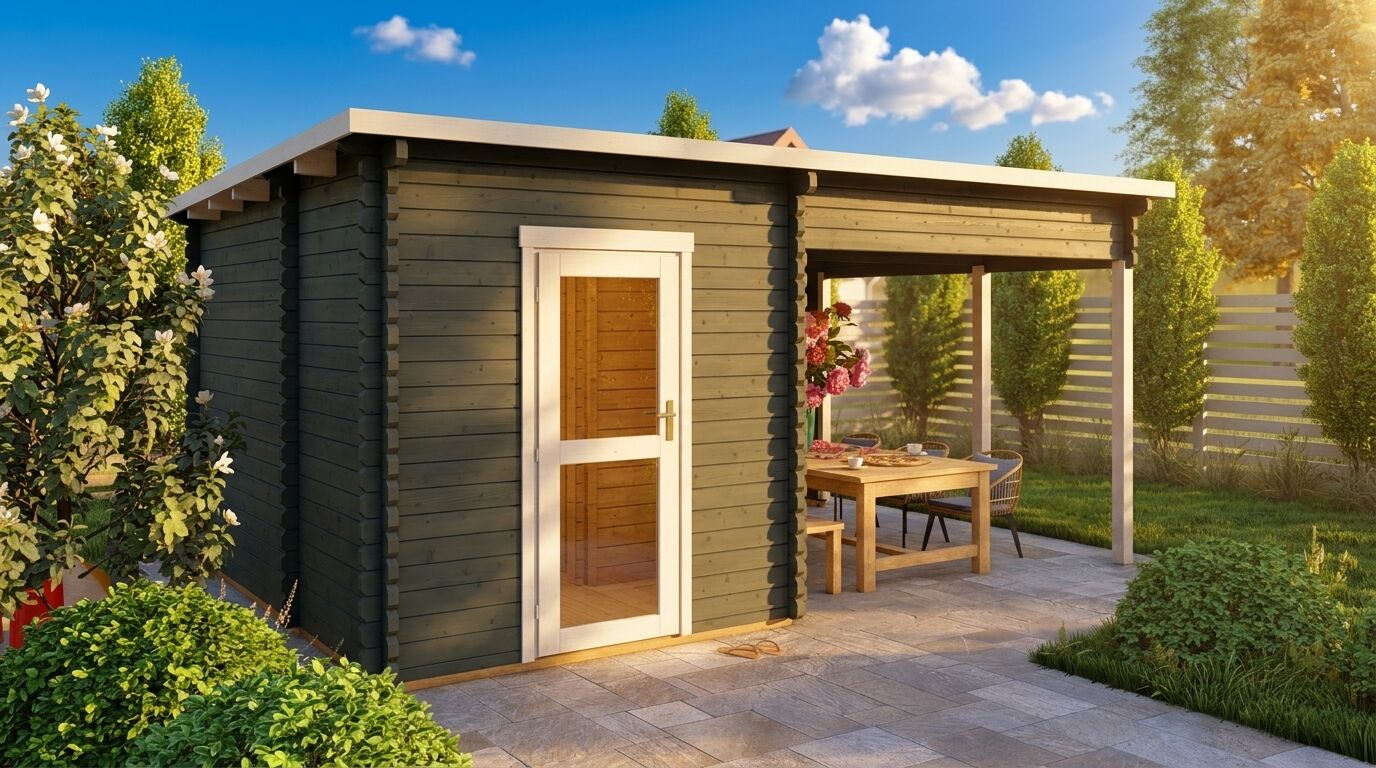 Saunahaus Trontheim 1 Plus – 510 x 360cm mit Terrassenanbau und Vorraum