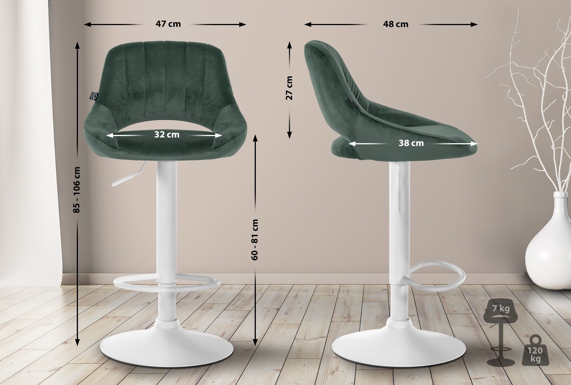 2er Set Barhocker Milet Samt W, grün