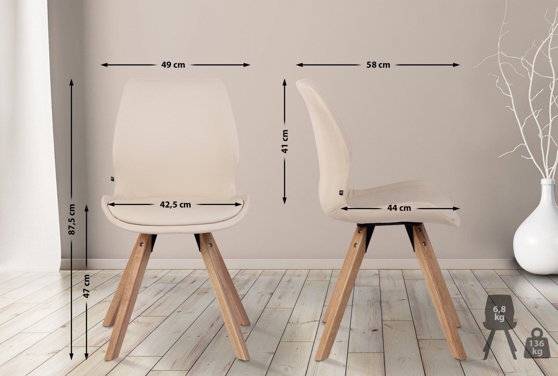 4er Set Stuhl Luna Kunstleder, creme