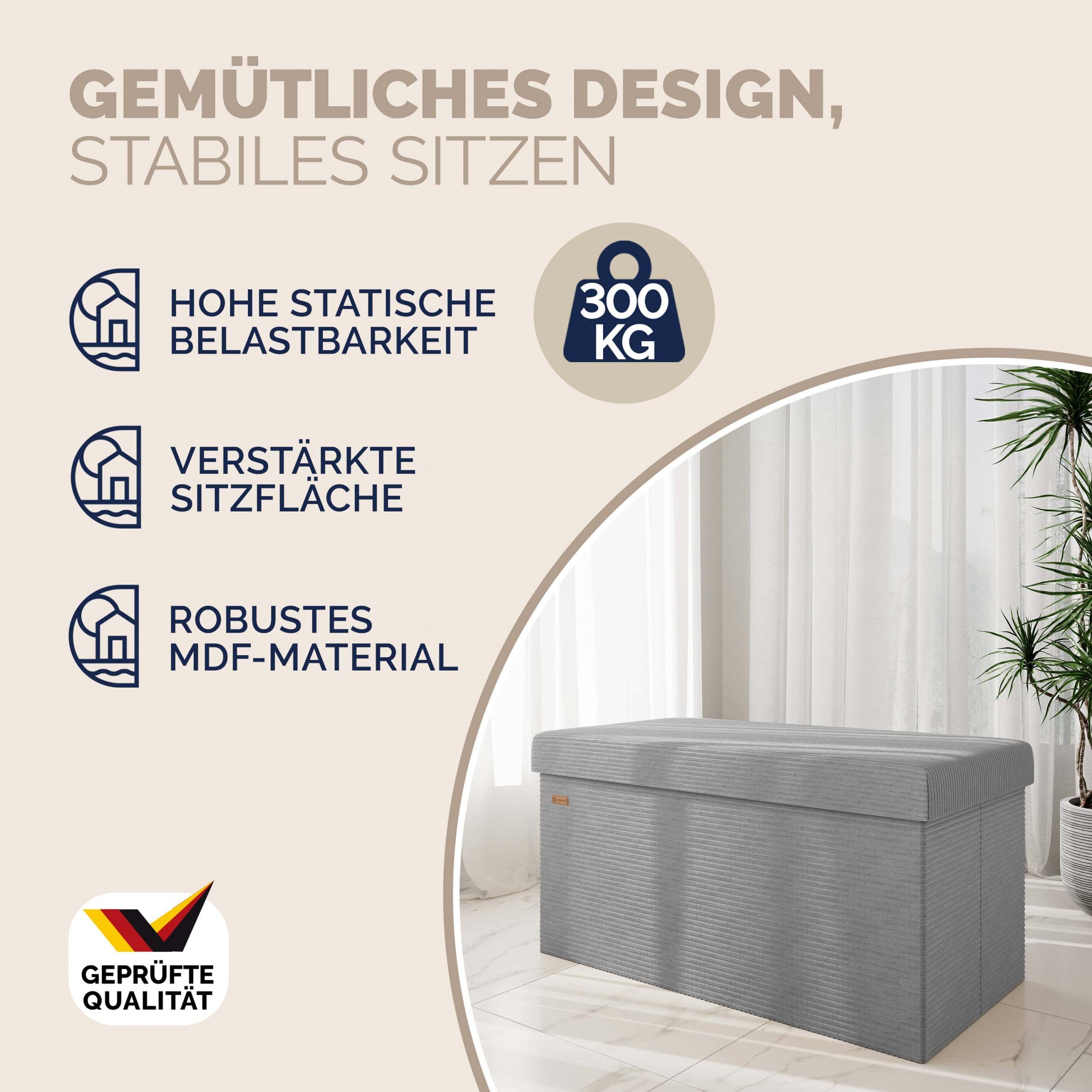 Sitzbank Grau Cord 76x38x38cm MDF faltbar