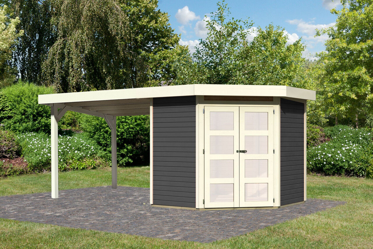 Karibu Flachdach Gartenhaus Goldendorf 3 im Set mit Anbaudach 2,80 m terragrau