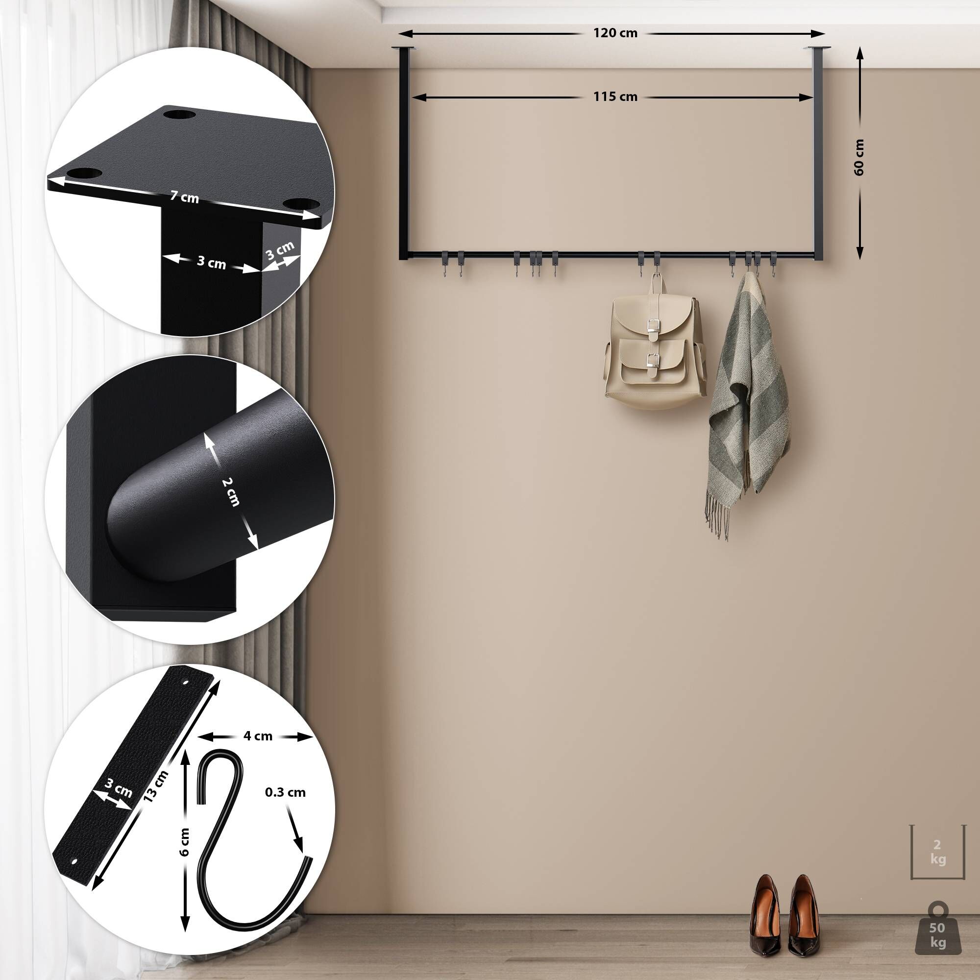 Kleiderstange Fenton 120x60 cm 12er, schwarz