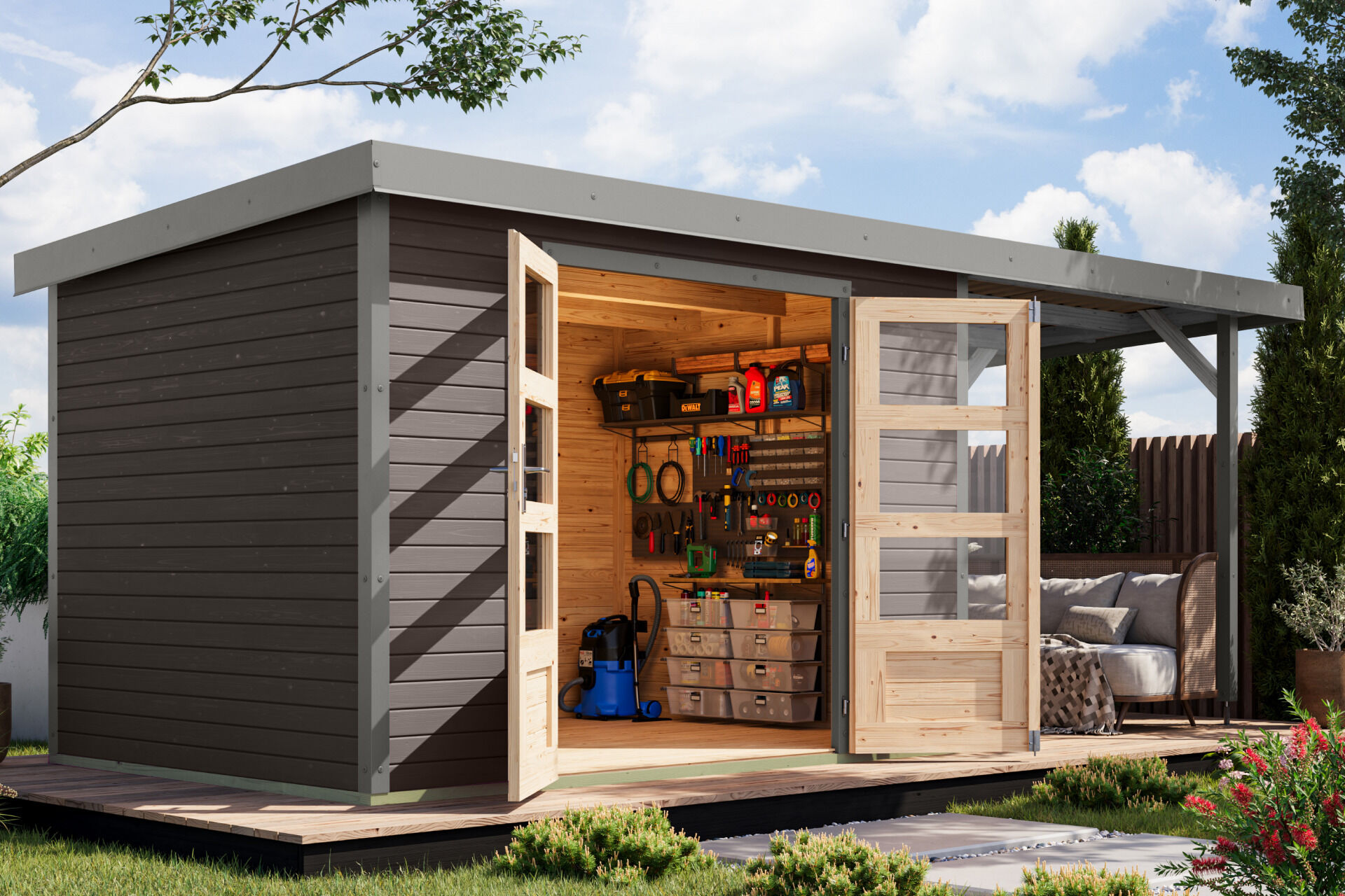 Karibu Pultdach Holz & Metall Gartenhaus Jupiter 4 Set mit Anbaudach 2,35 m, naturbelassen / graualuminium