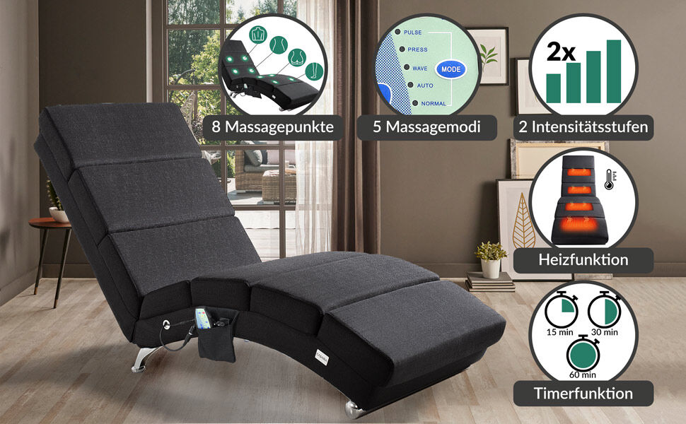 Relaxliege London Anthrazit mit Massage- + Heizfunktion