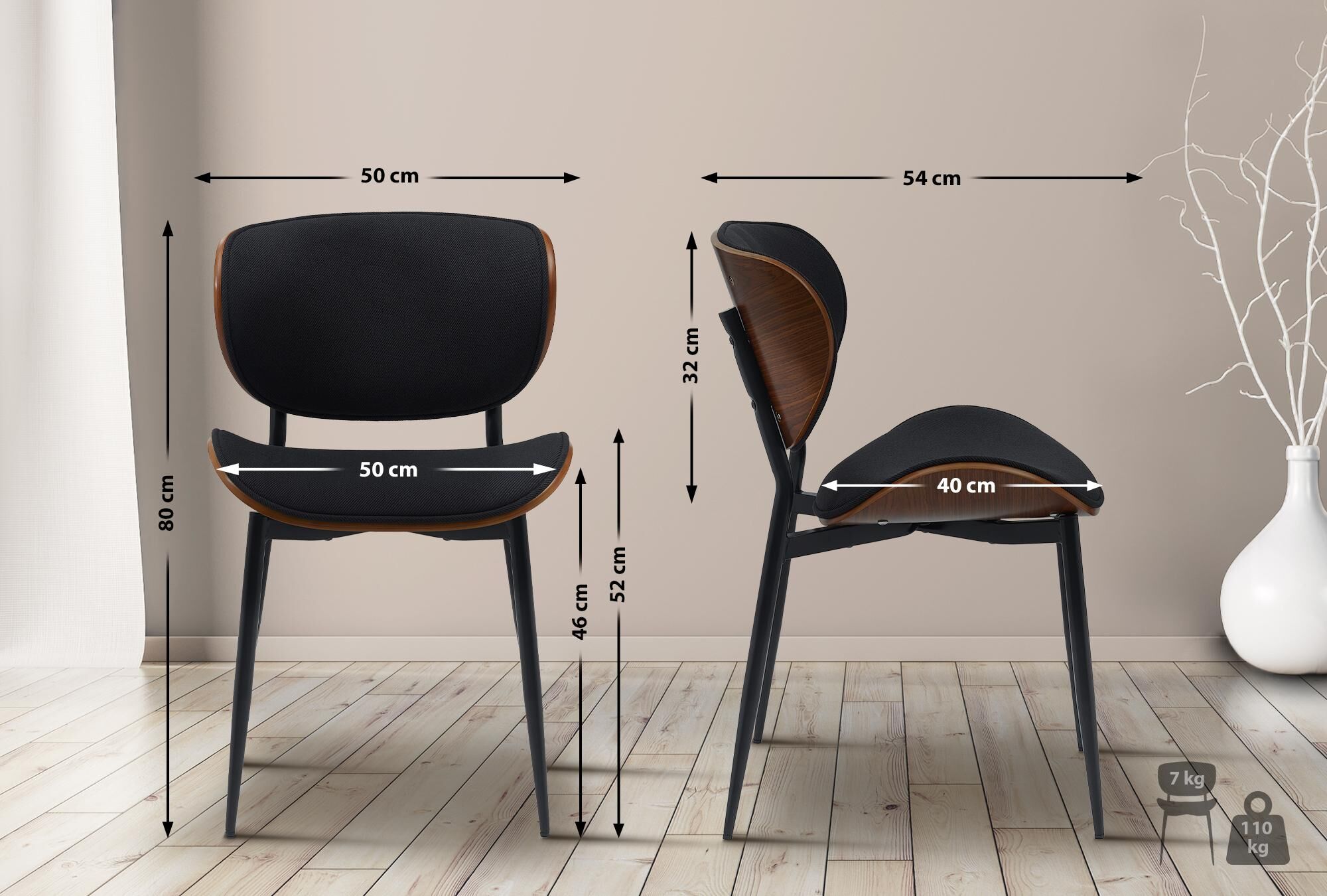 2er Set Esszimmerstuhl Enid Stoff, walnuss/schwarz