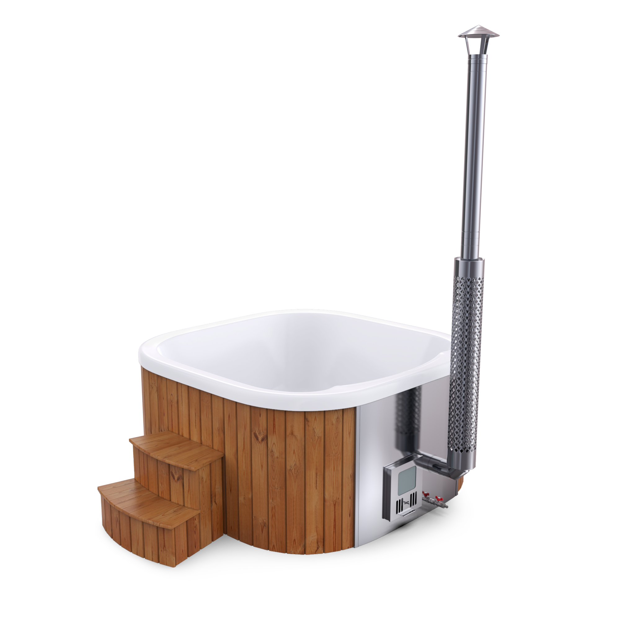 SPANOVA Hottub Quadratisch 200 – Premium Badefass mit integriertem Holz Ofen & Acryl-Einsatz freigestellt